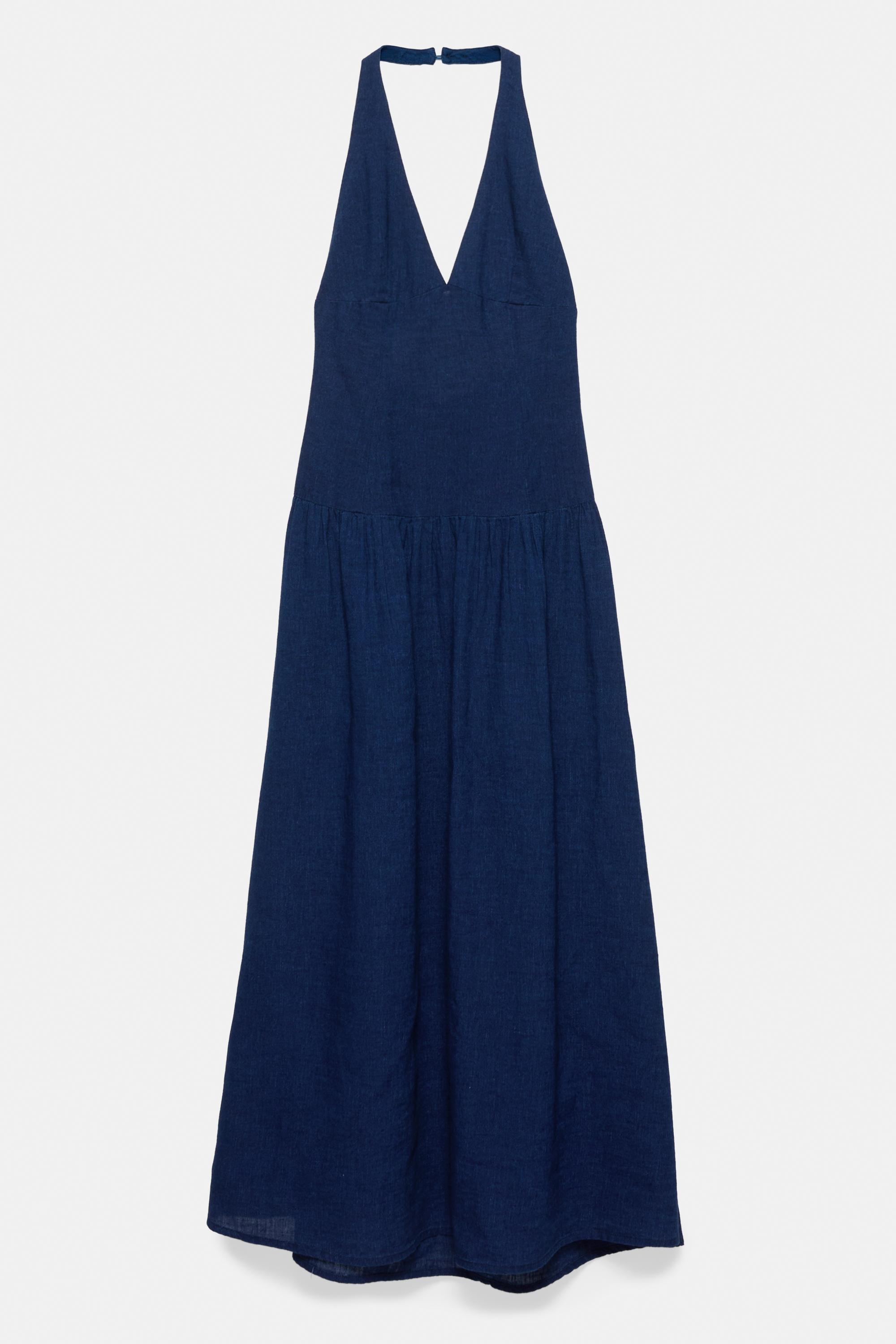 Long halter denim dress — Dark blue