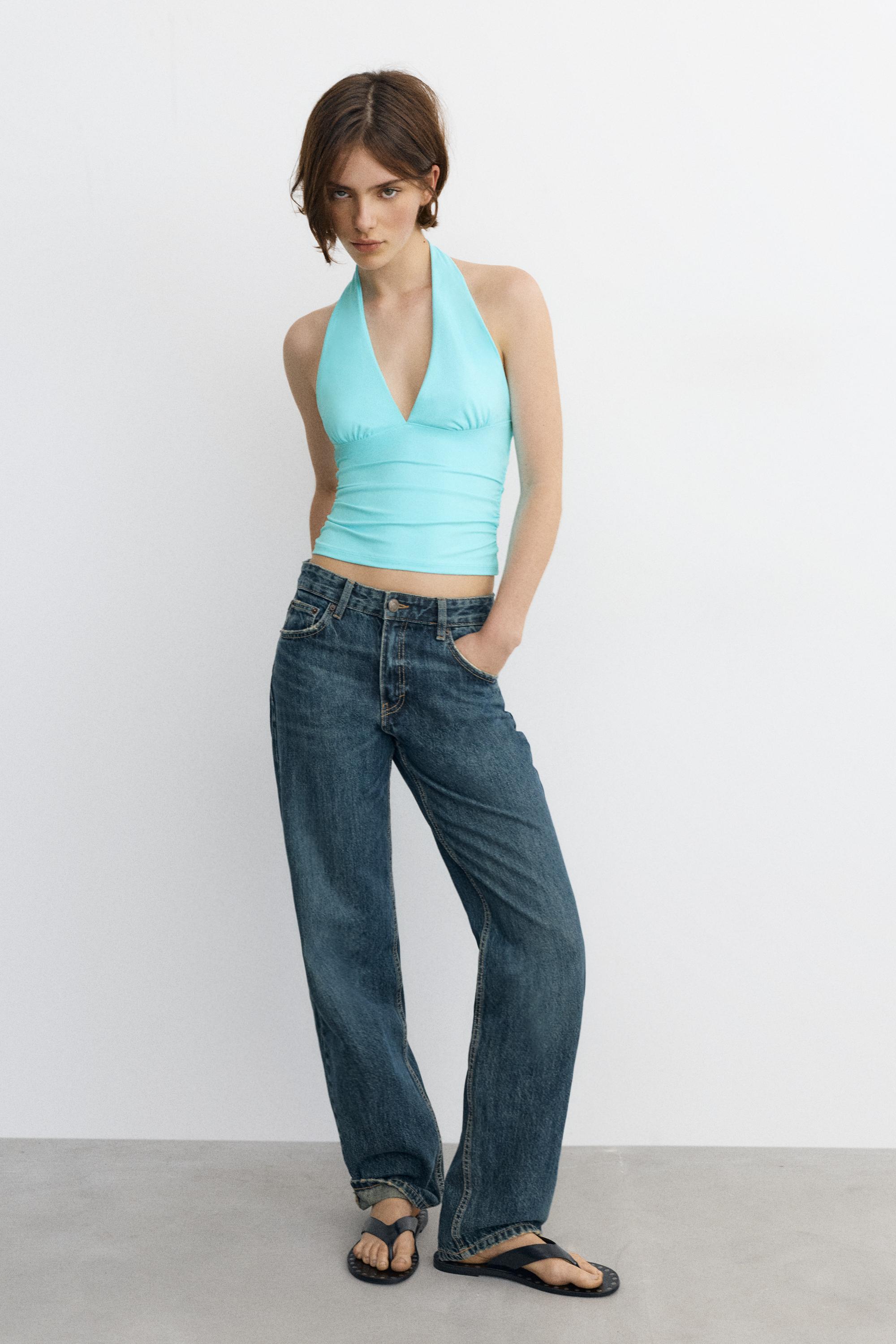 Halter neck top with gathering — Pale turquoise