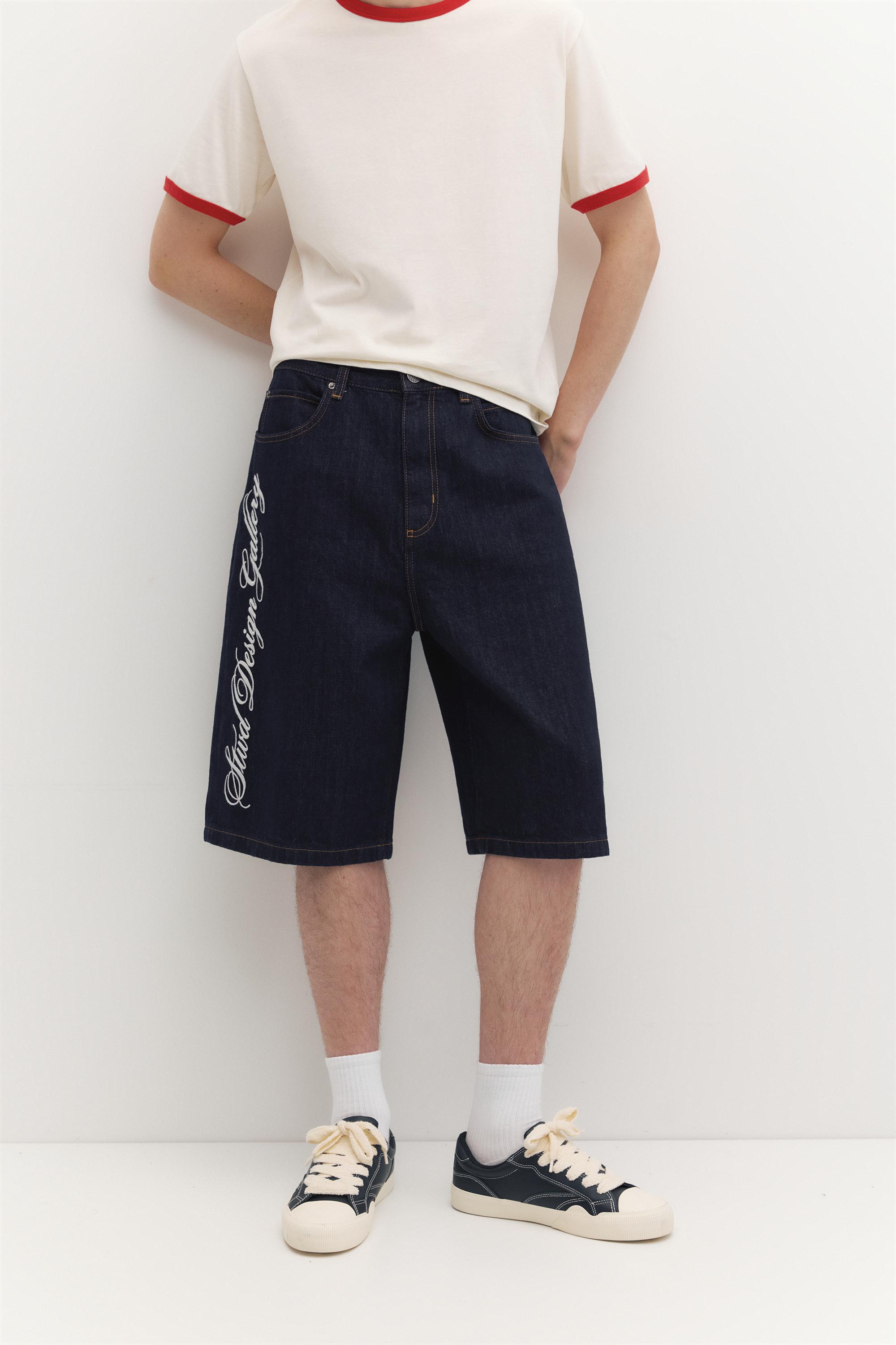 Text skater denim Bermuda shorts — Navy