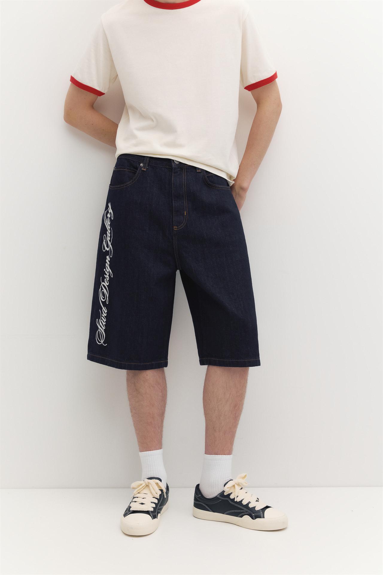 Text skater denim Bermuda shorts — Navy