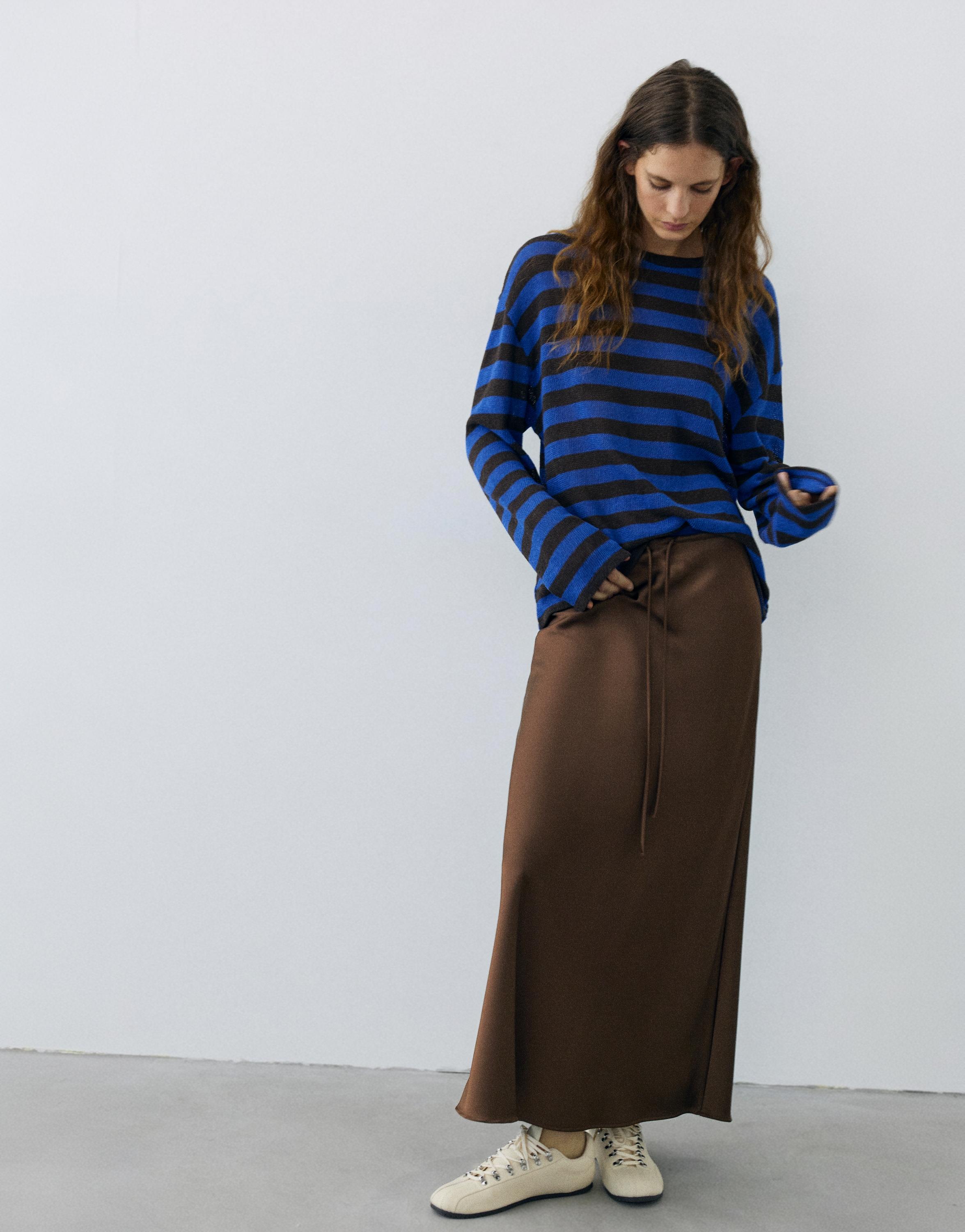 Satin drawstring midi skirt — Dark brown