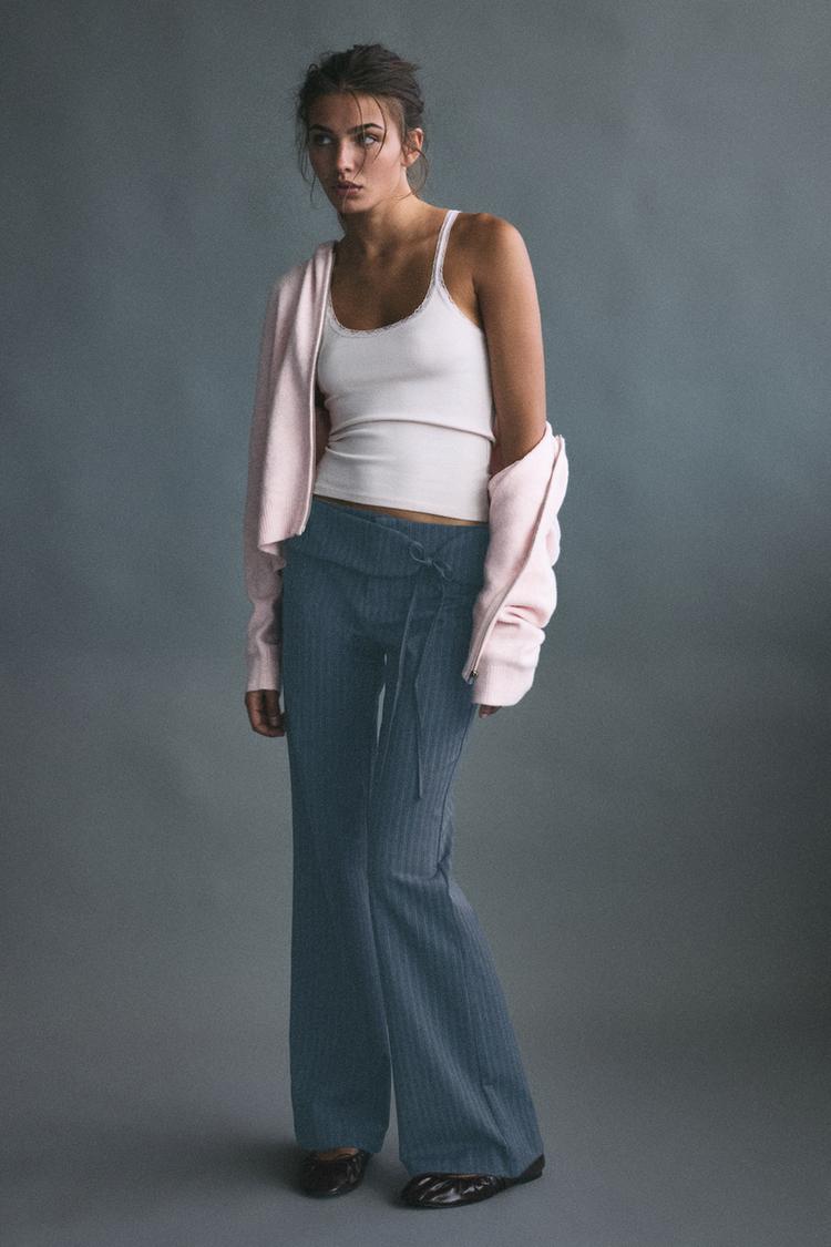 Striped flared trousers with belt — Anthracite grey