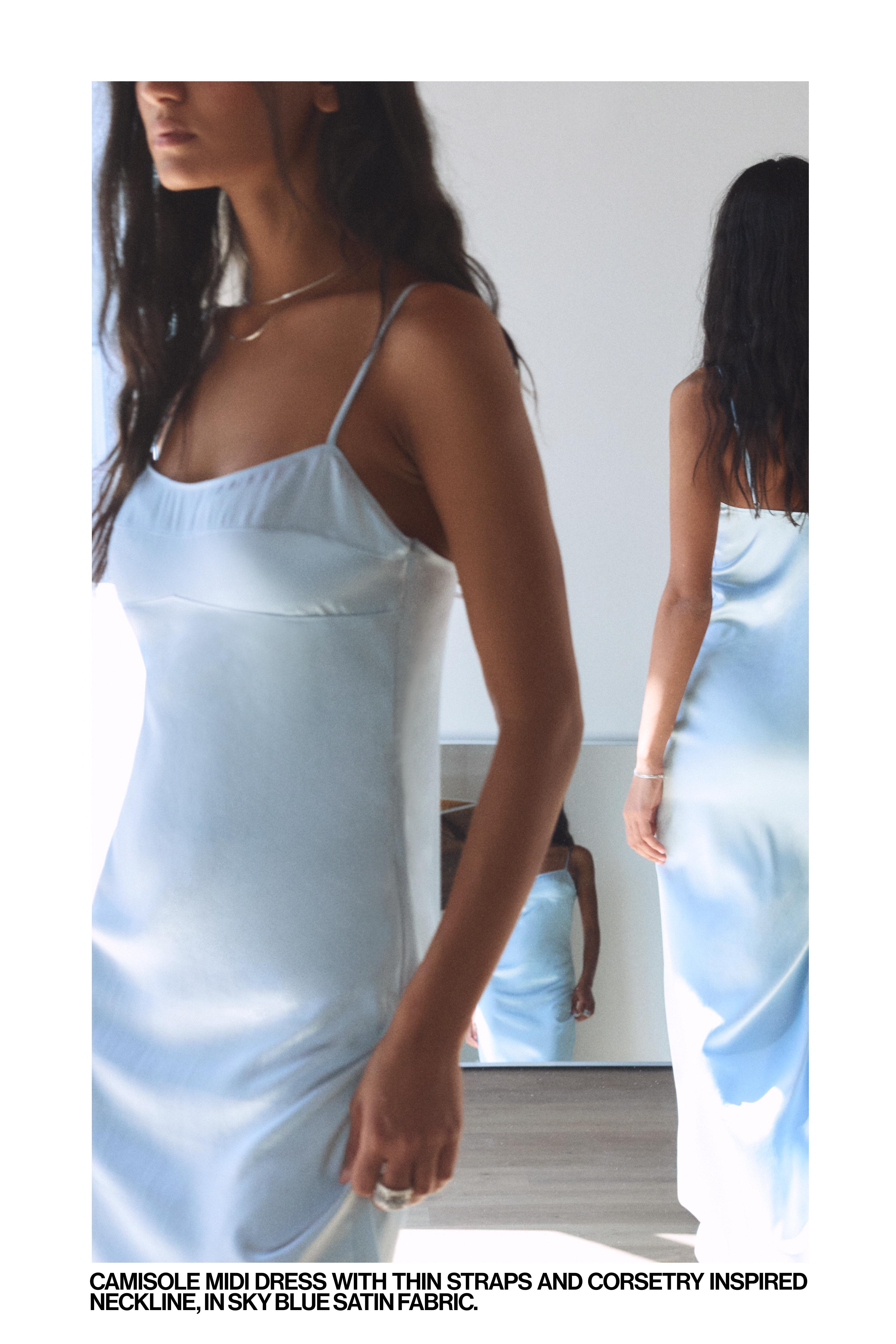 Satin strappy midi dress — Sky blue