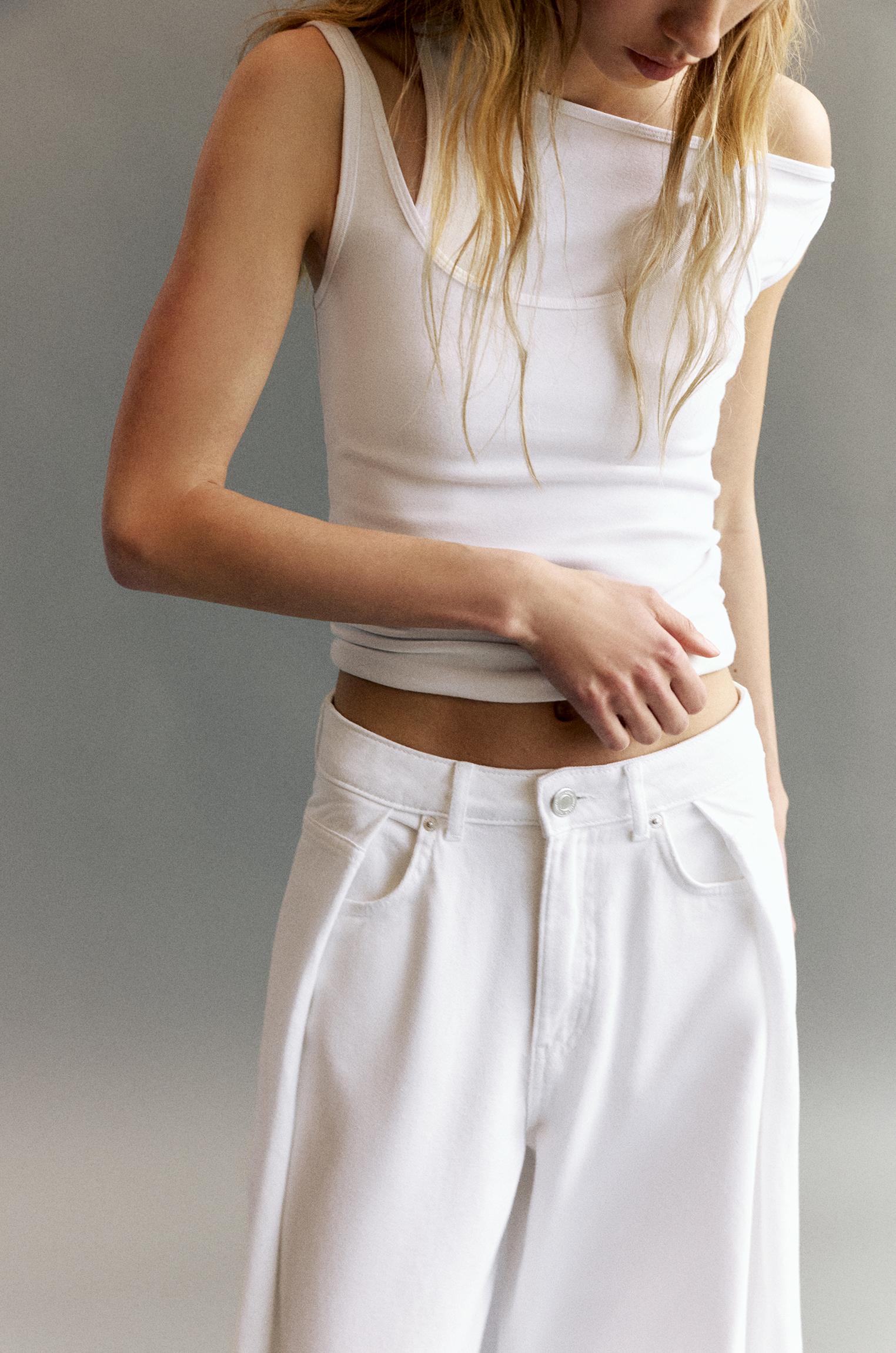 Pleated balloon fit baggy jeans — White
