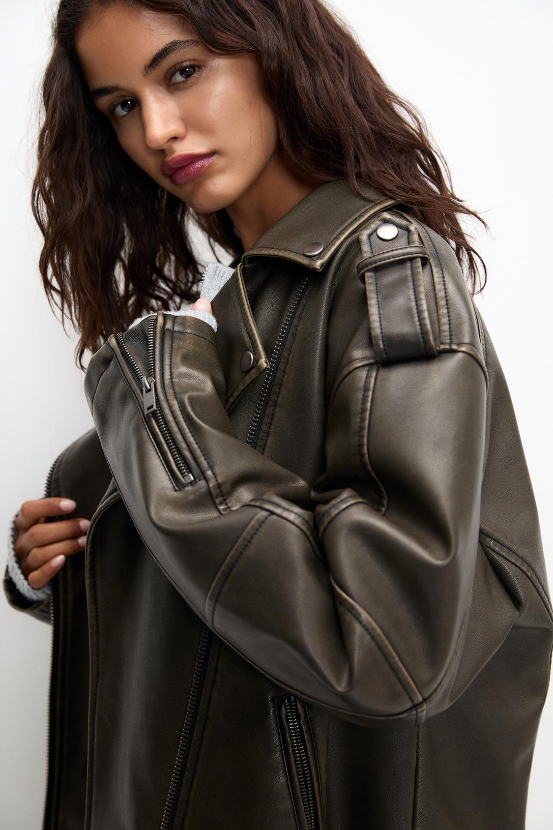 Pull And Bear Leather Bomber Jacket Cropped Pull And Bear Brown - Main Image