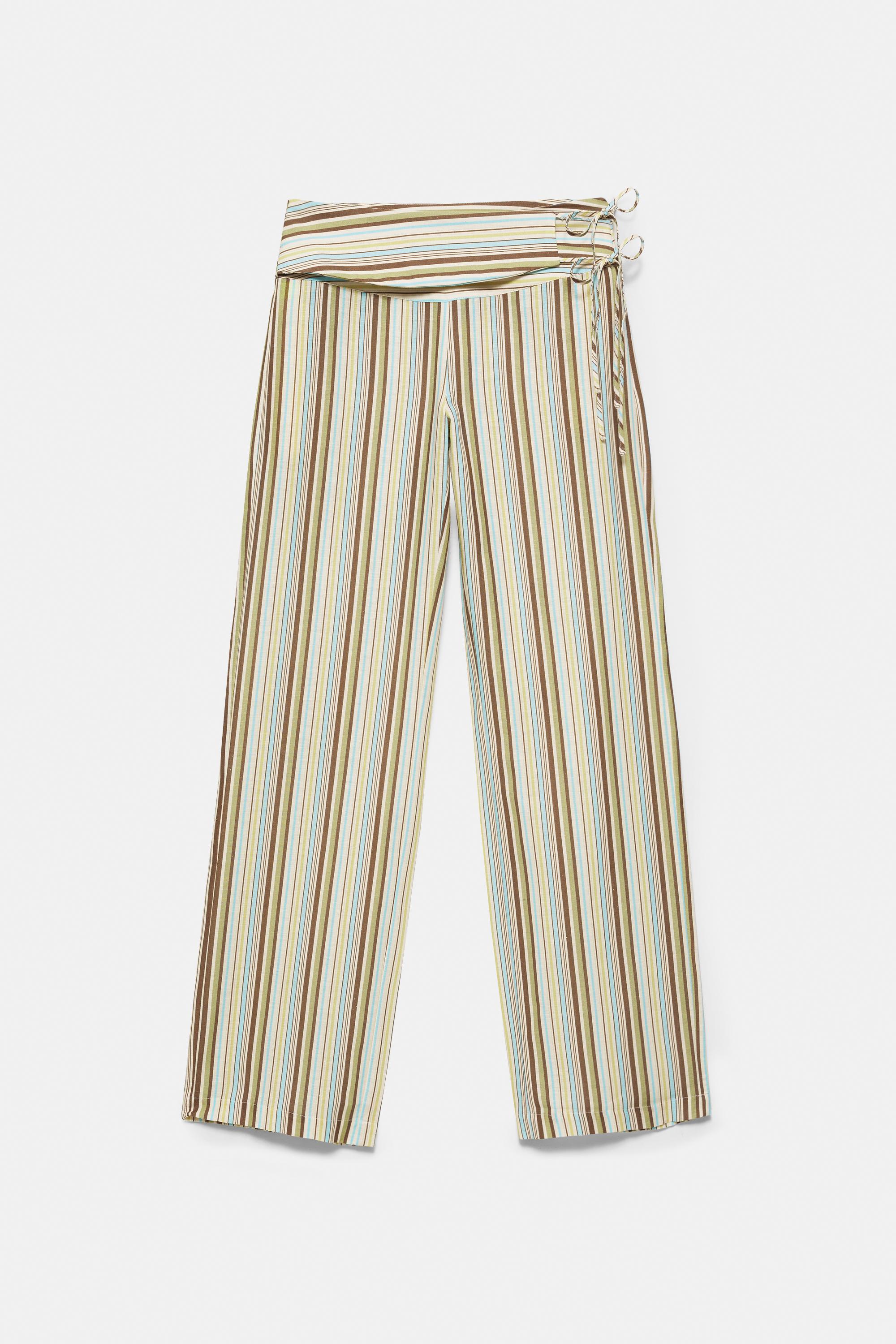 Striped tie-waist trousers — Green