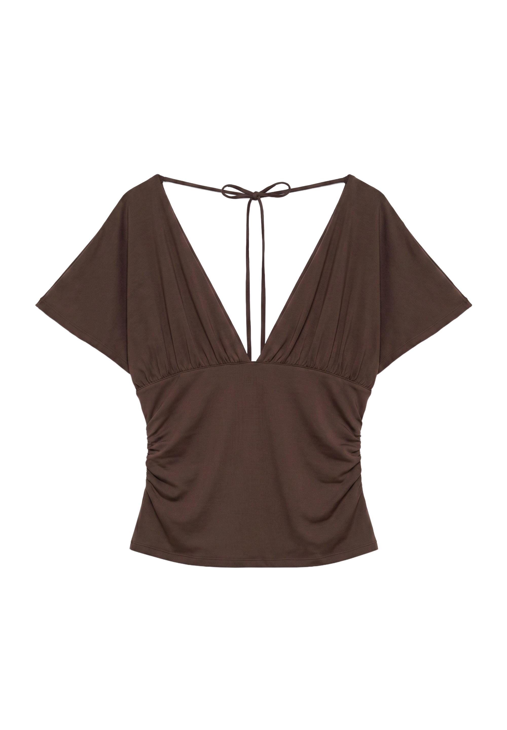 Gathered V-neck top — Brown