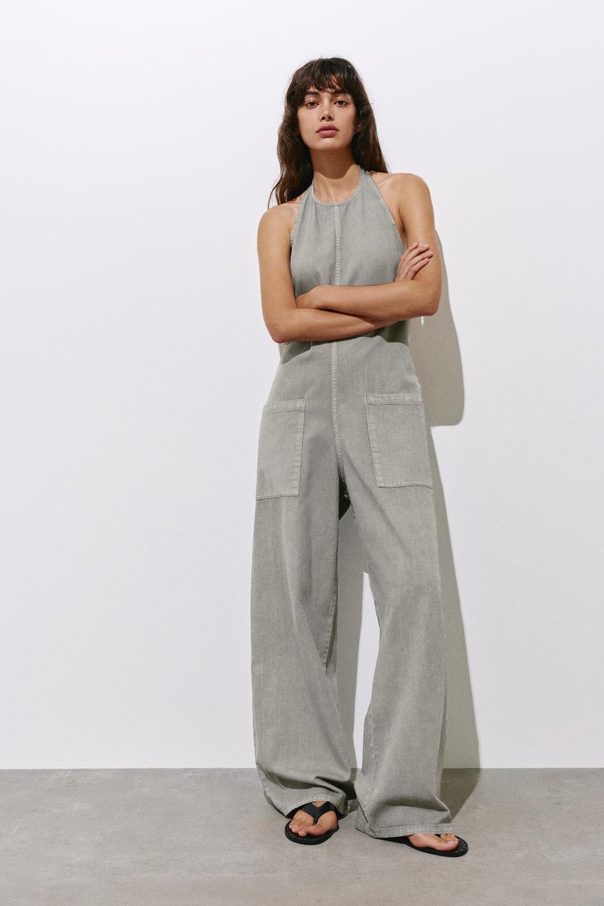 Mole grey long dungaree set, fluid design, with large front pockets and wide leg.