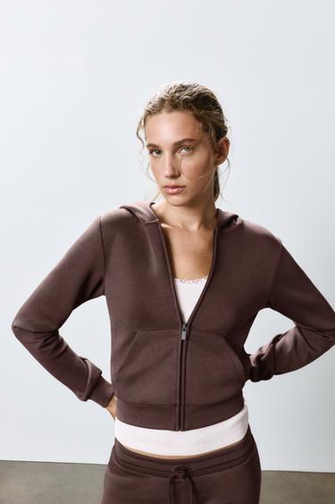 Soft-touch zip-up hood sweatshirt — Brown 1