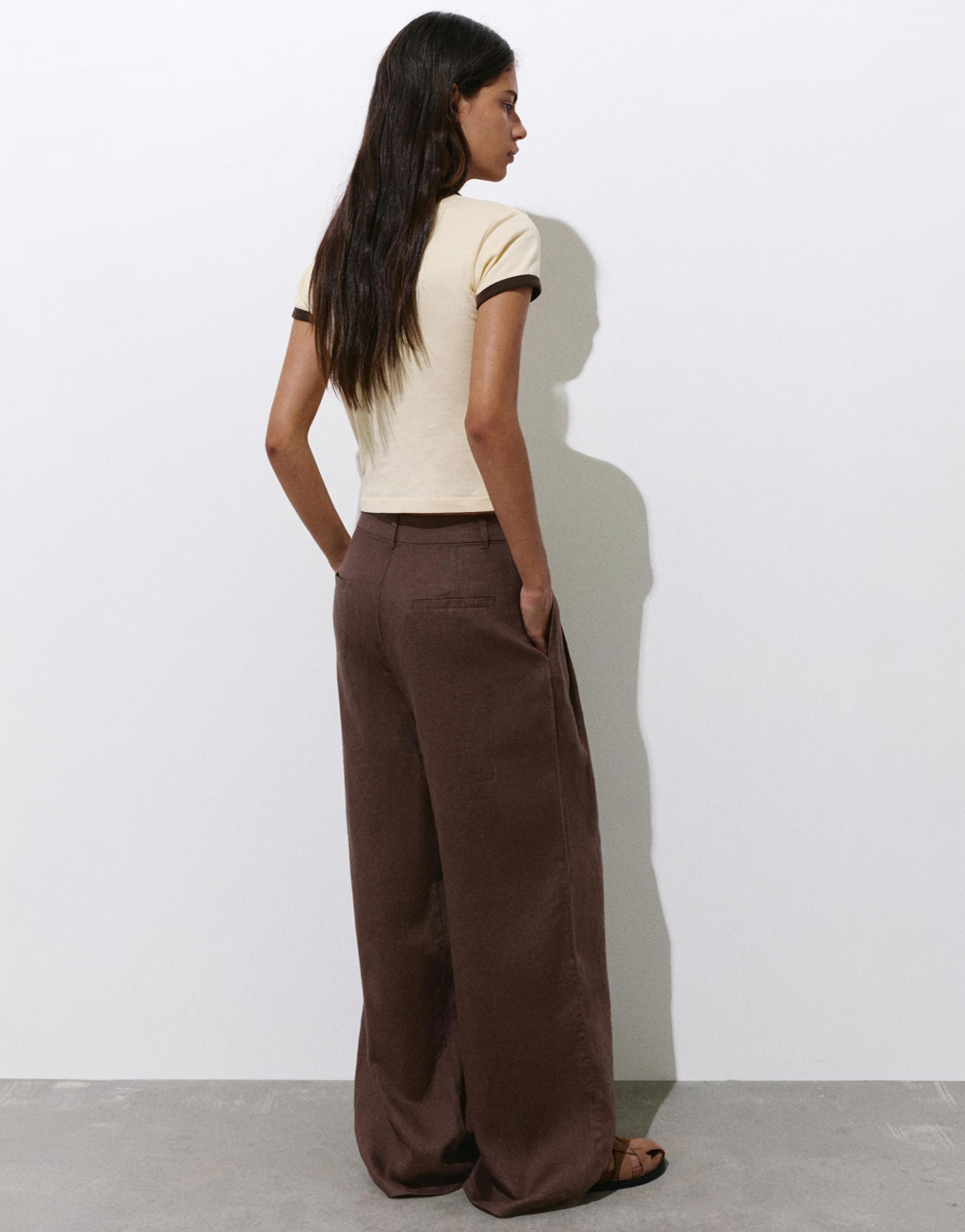 Wide-leg 100% linen trousers — Taupe