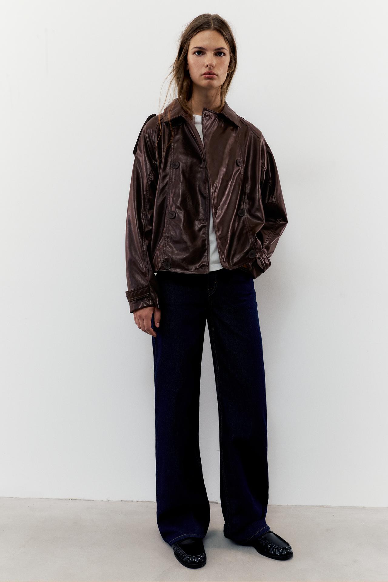 Short leather-effect trench coat — Chocolate