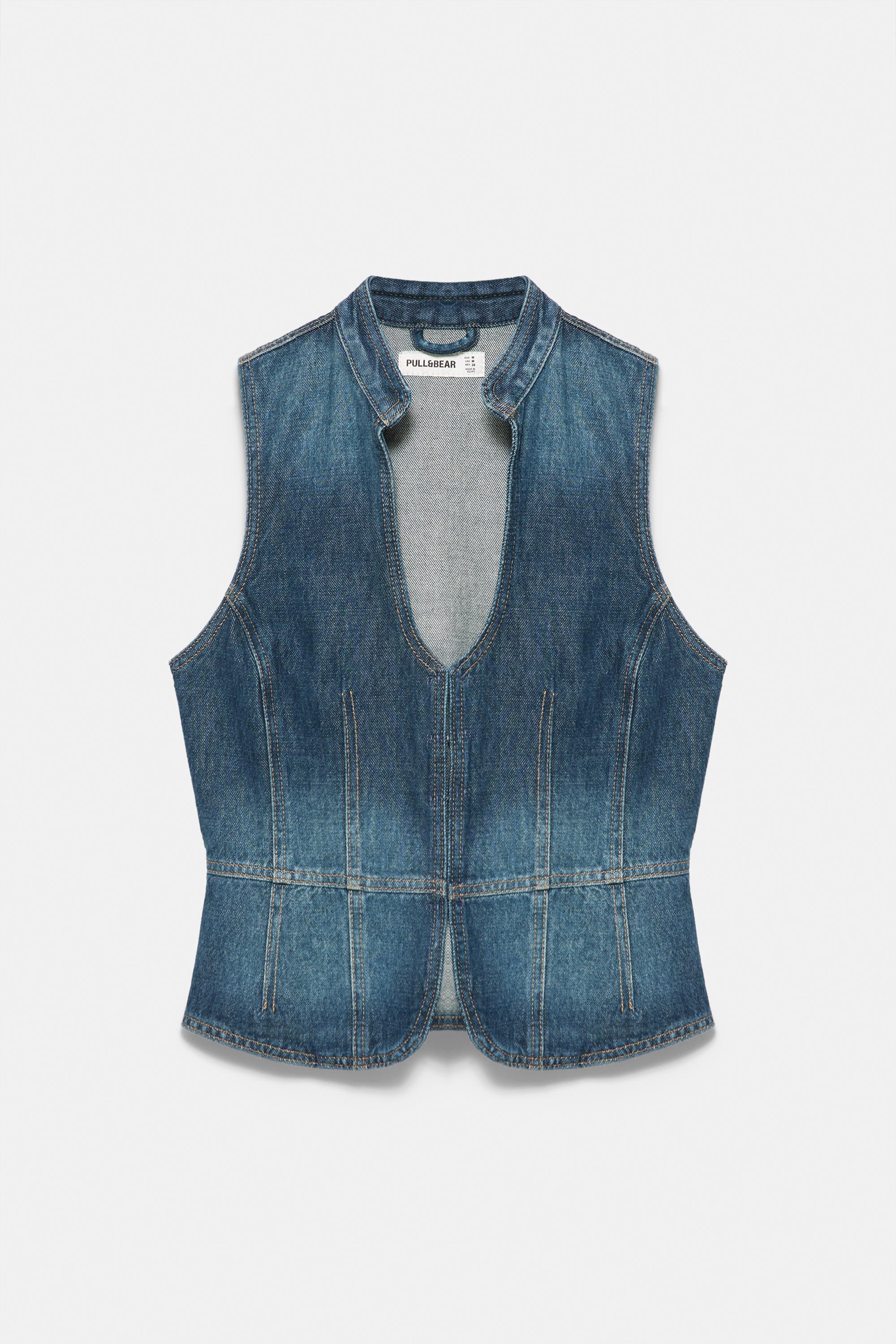 Pull&Bear Halter yaka dikiş detaylı denim top görsel 4