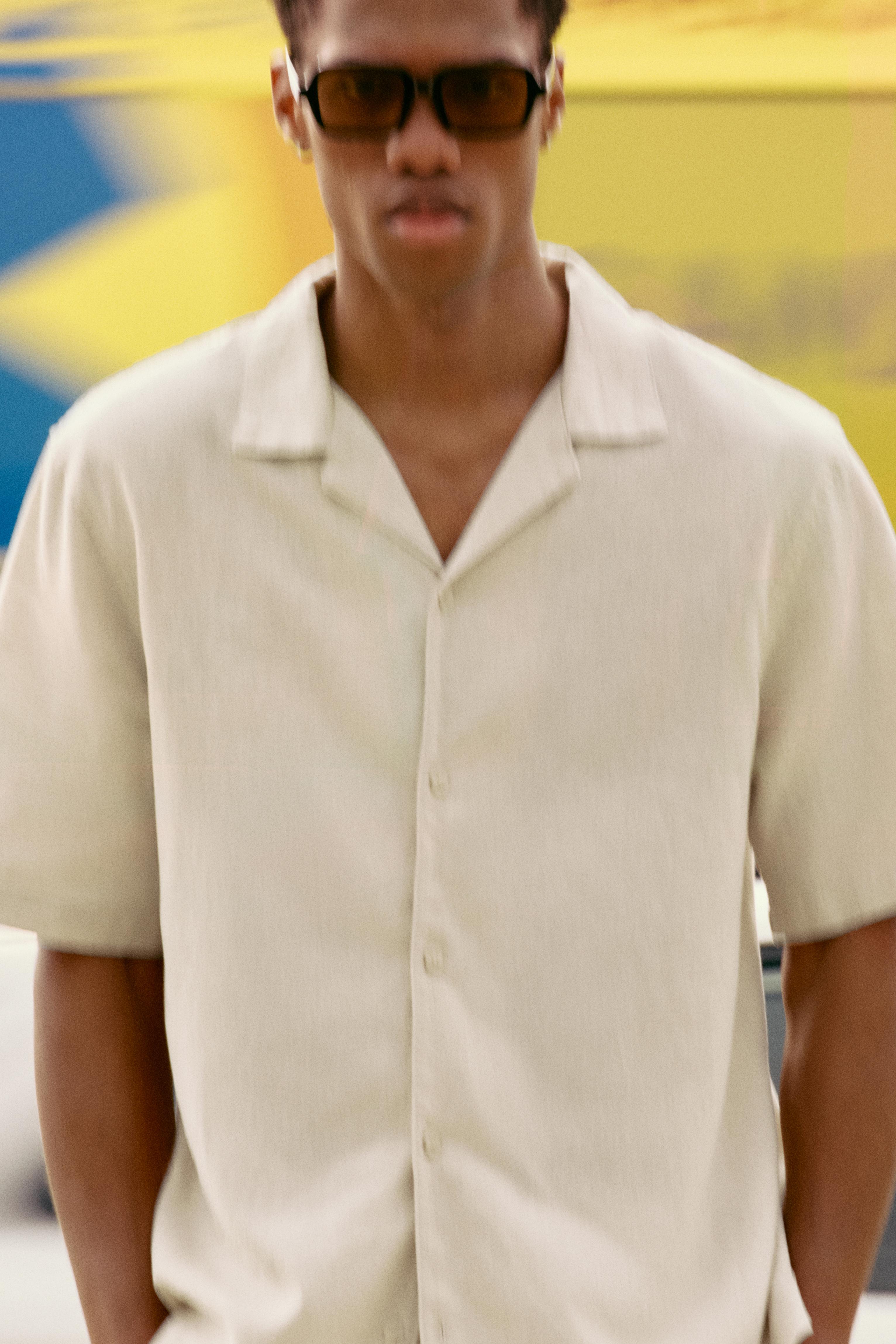 Short sleeve linen blend shirt — Beige