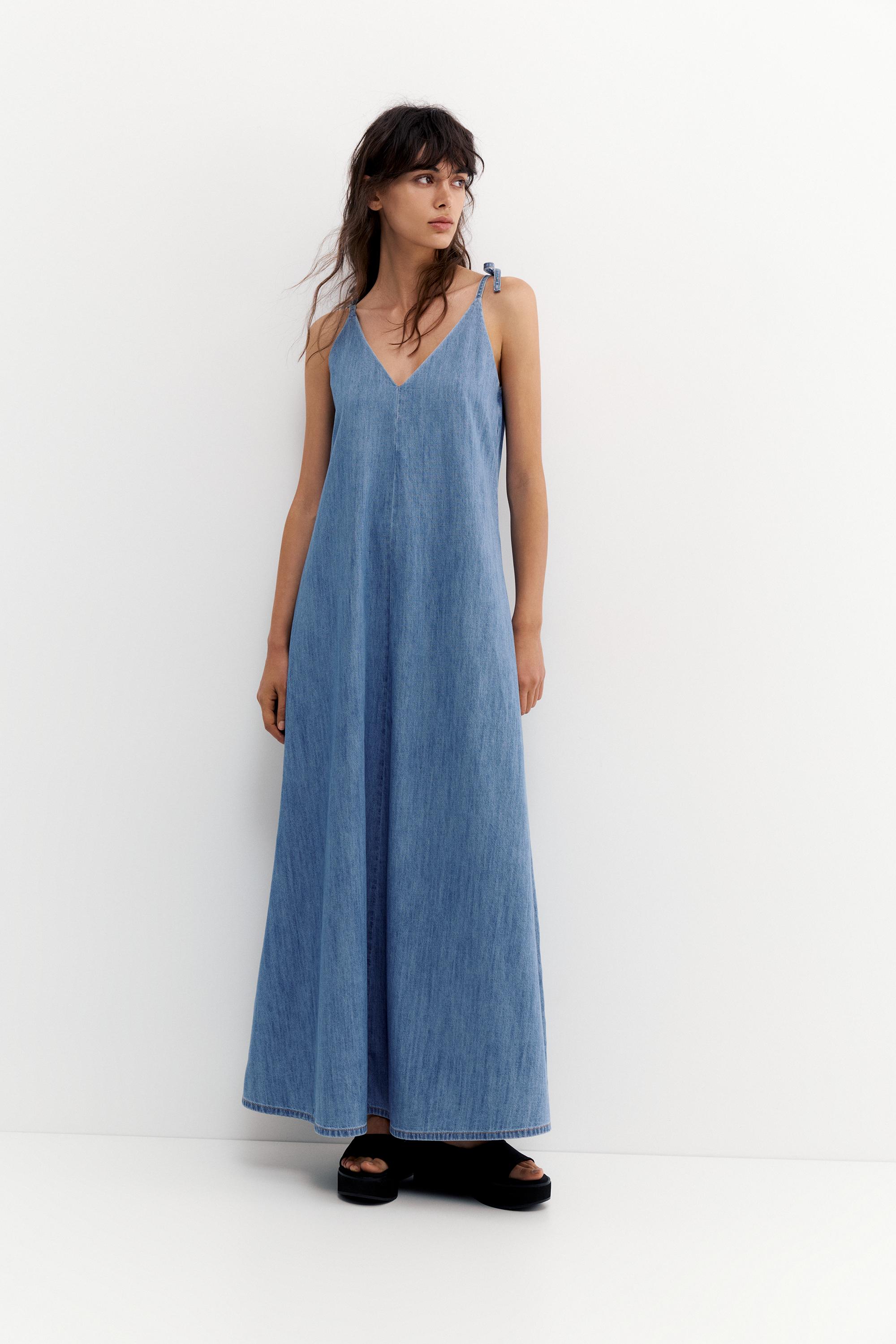 Vestito Lungo In Denim Con Bretelle