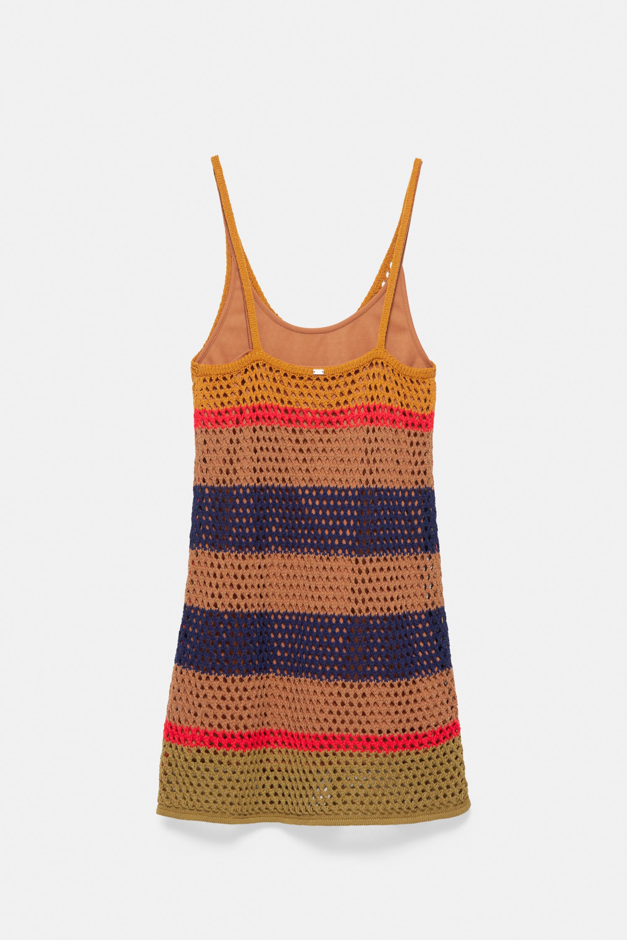 Short striped crochet dress — Brown