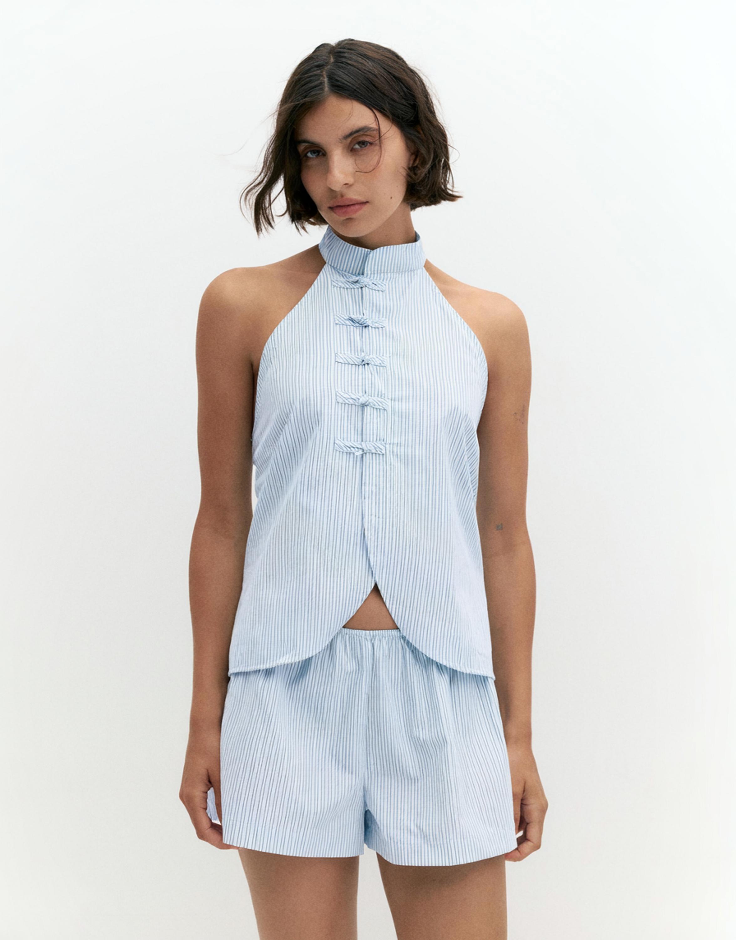 Striped halter toggle top — Water blue