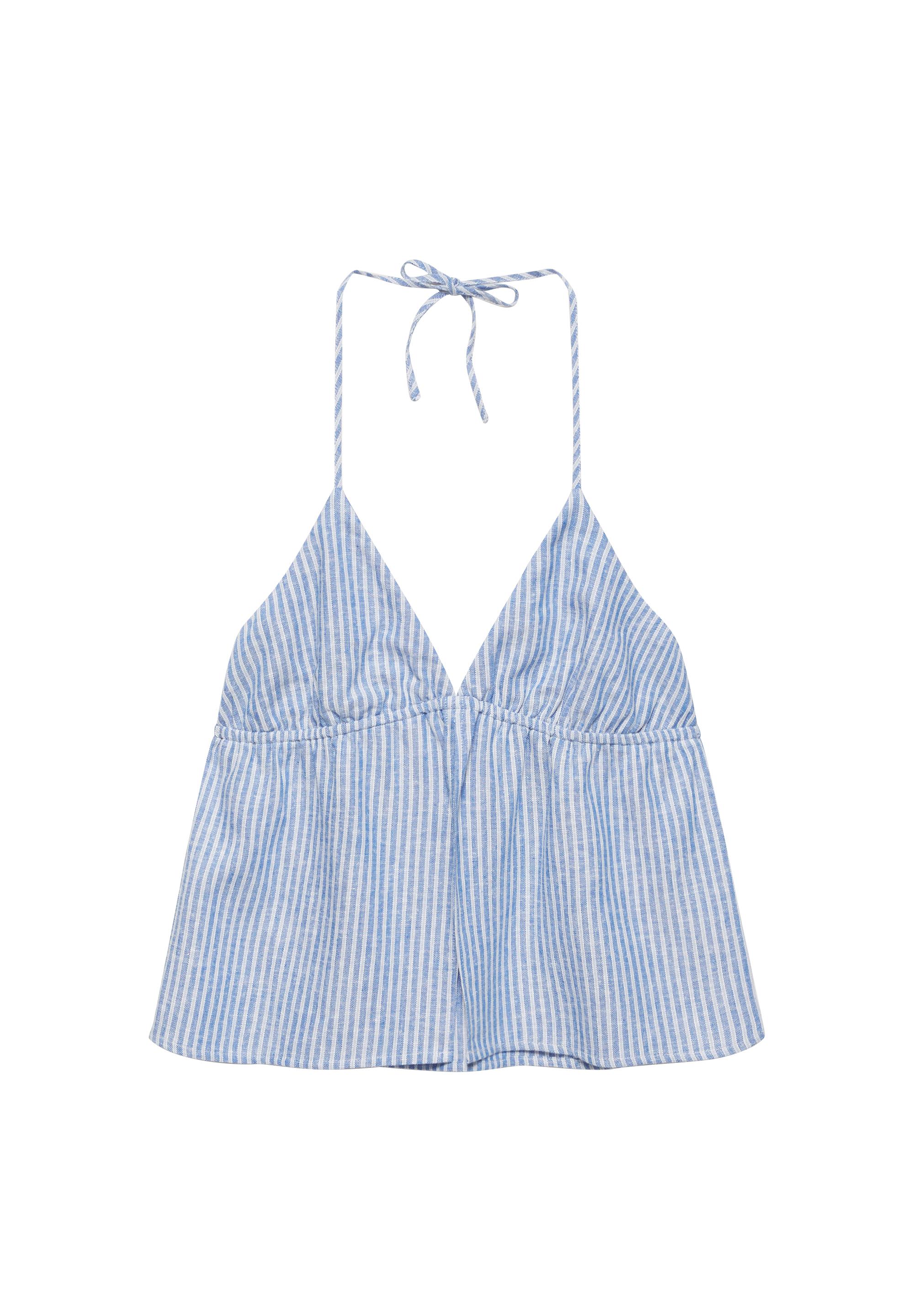 Striped linen blend halter top — Blue