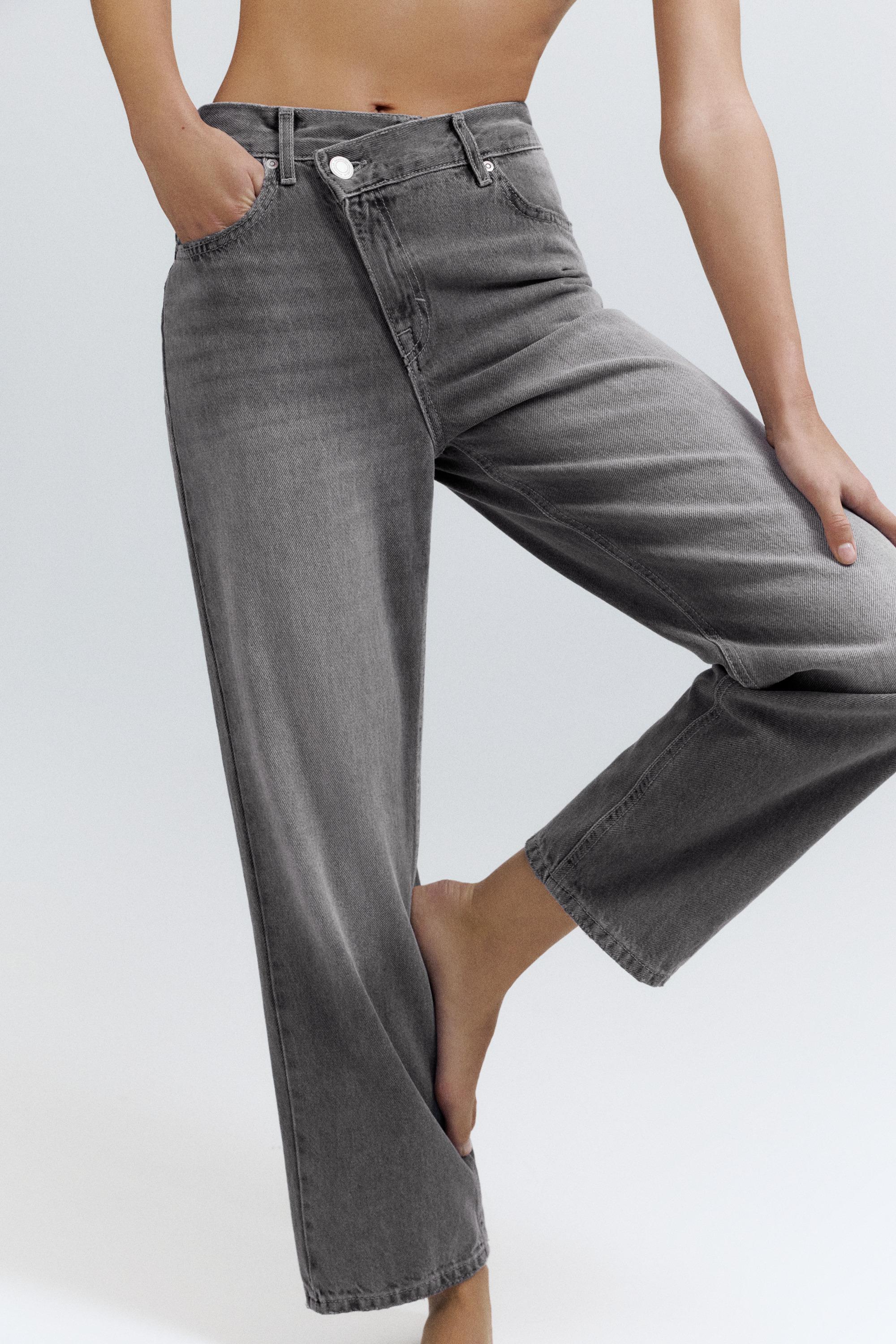 Straight-leg jeans with crossover waistband — Grey
