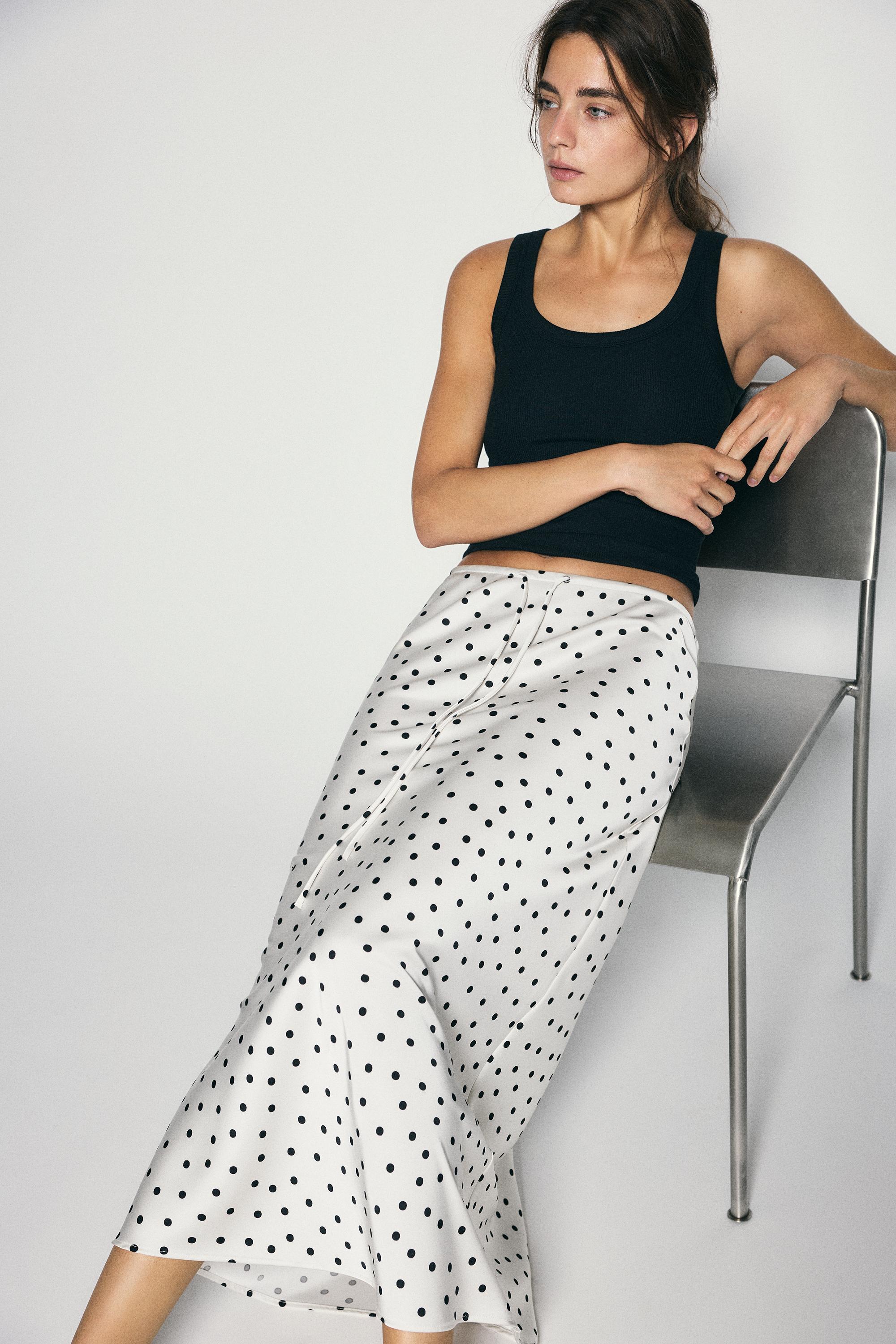 Satin drawstring midi skirt — Ecru/Black