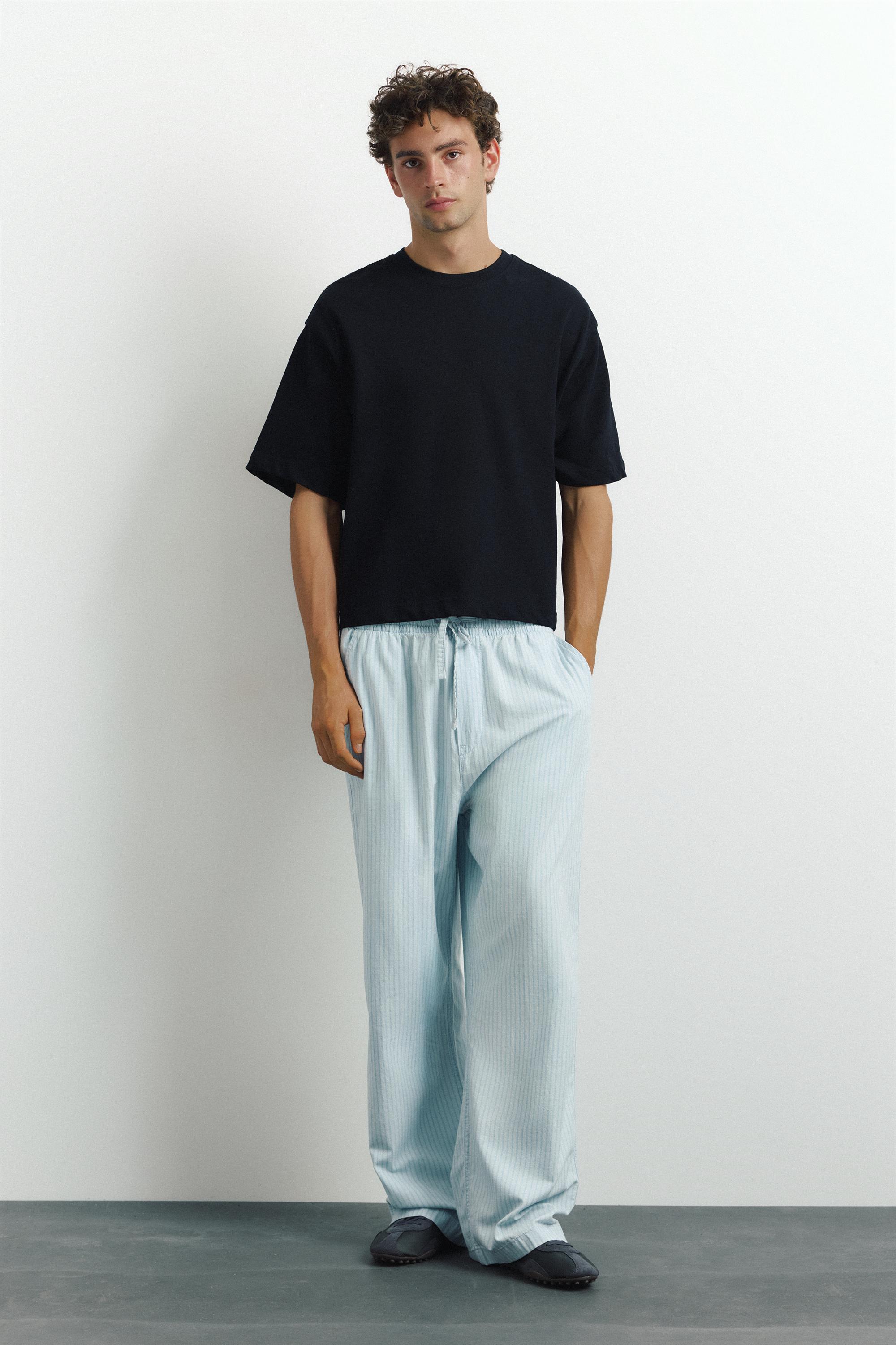 Striped pyjama-style trousers — Pale indigo