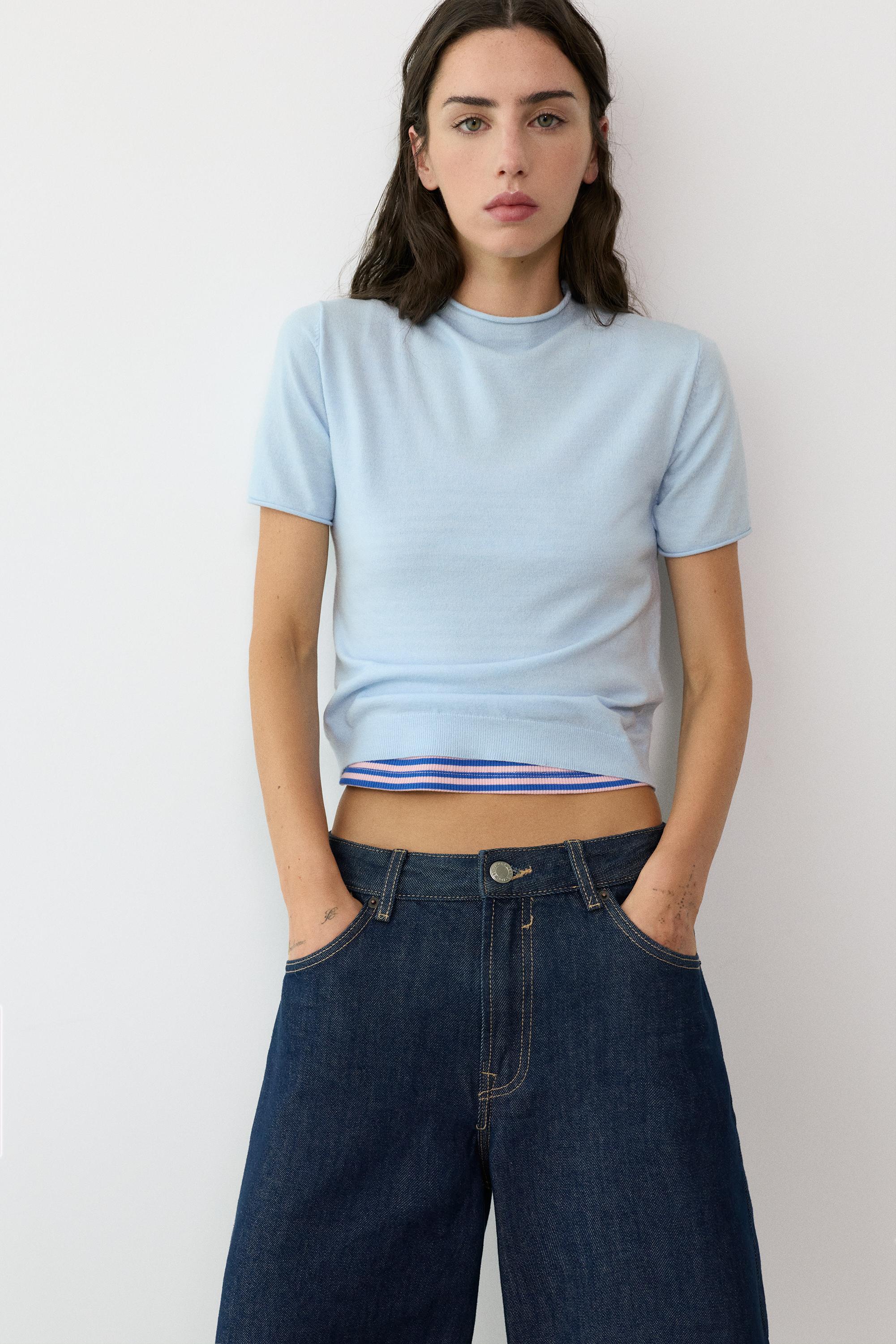 Fine knit short sleeve T-shirt — Pastel blue