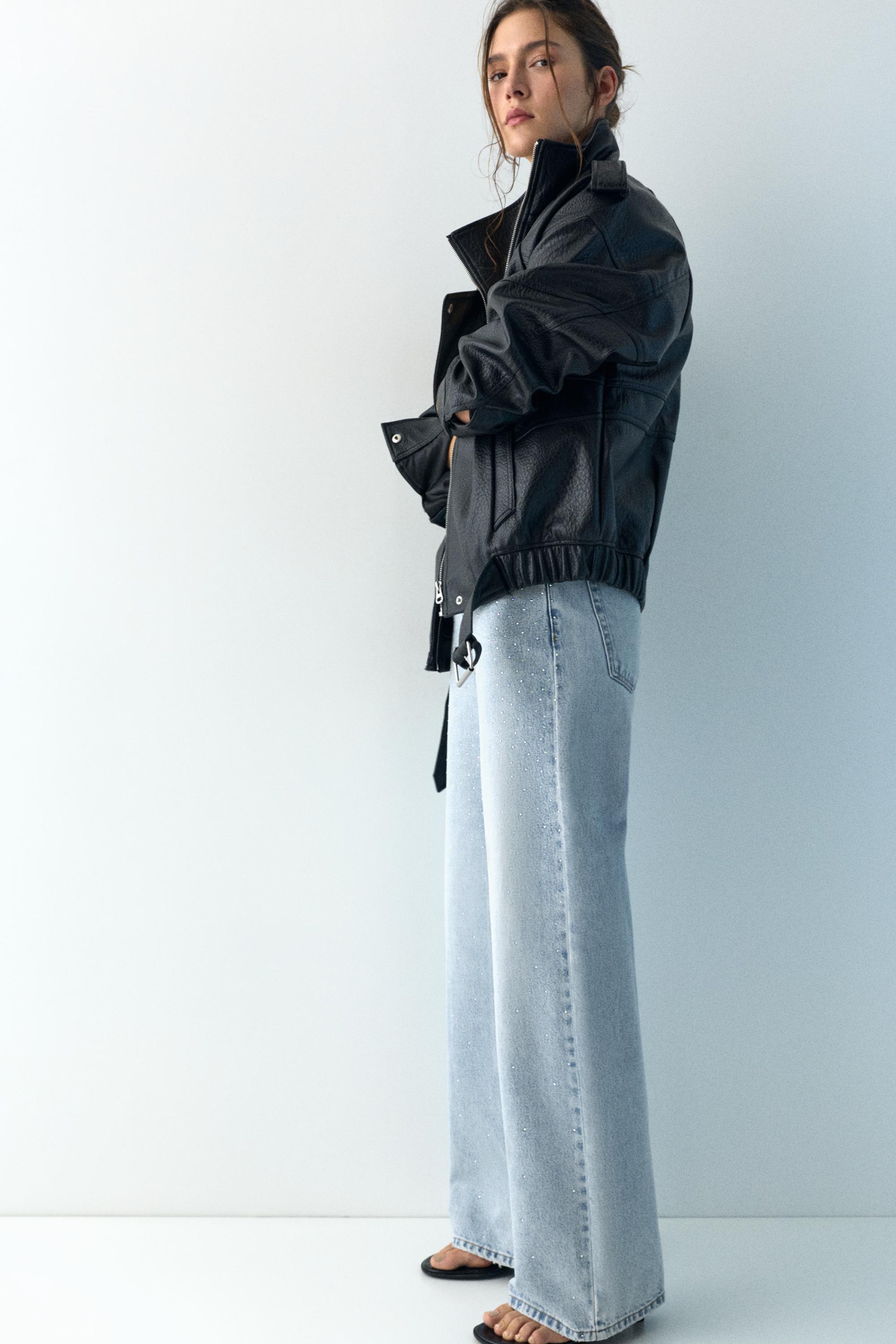 Straight-leg baggy jeans with rhinestones — Pale blue