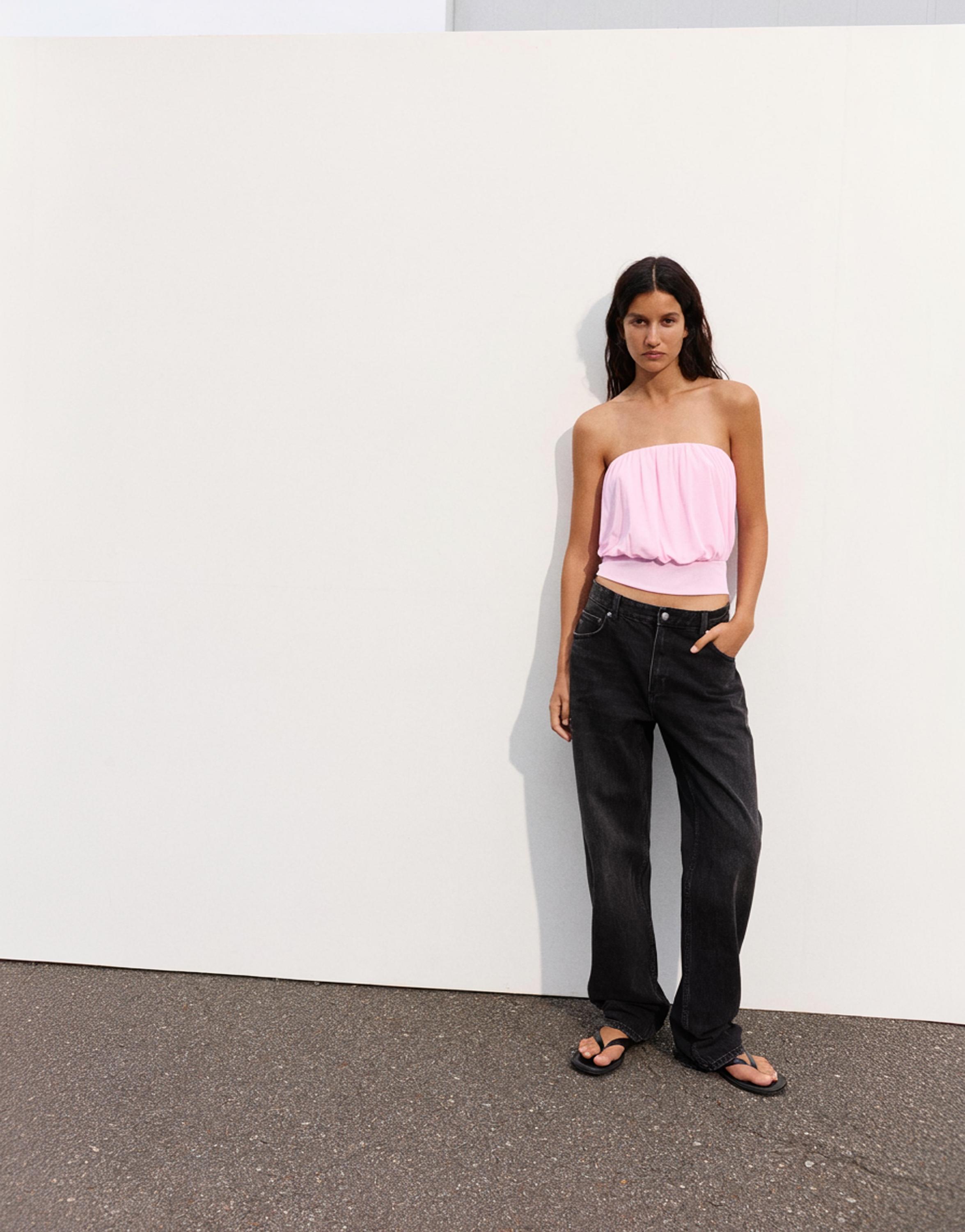 Strapless top with waistband — White/Pink