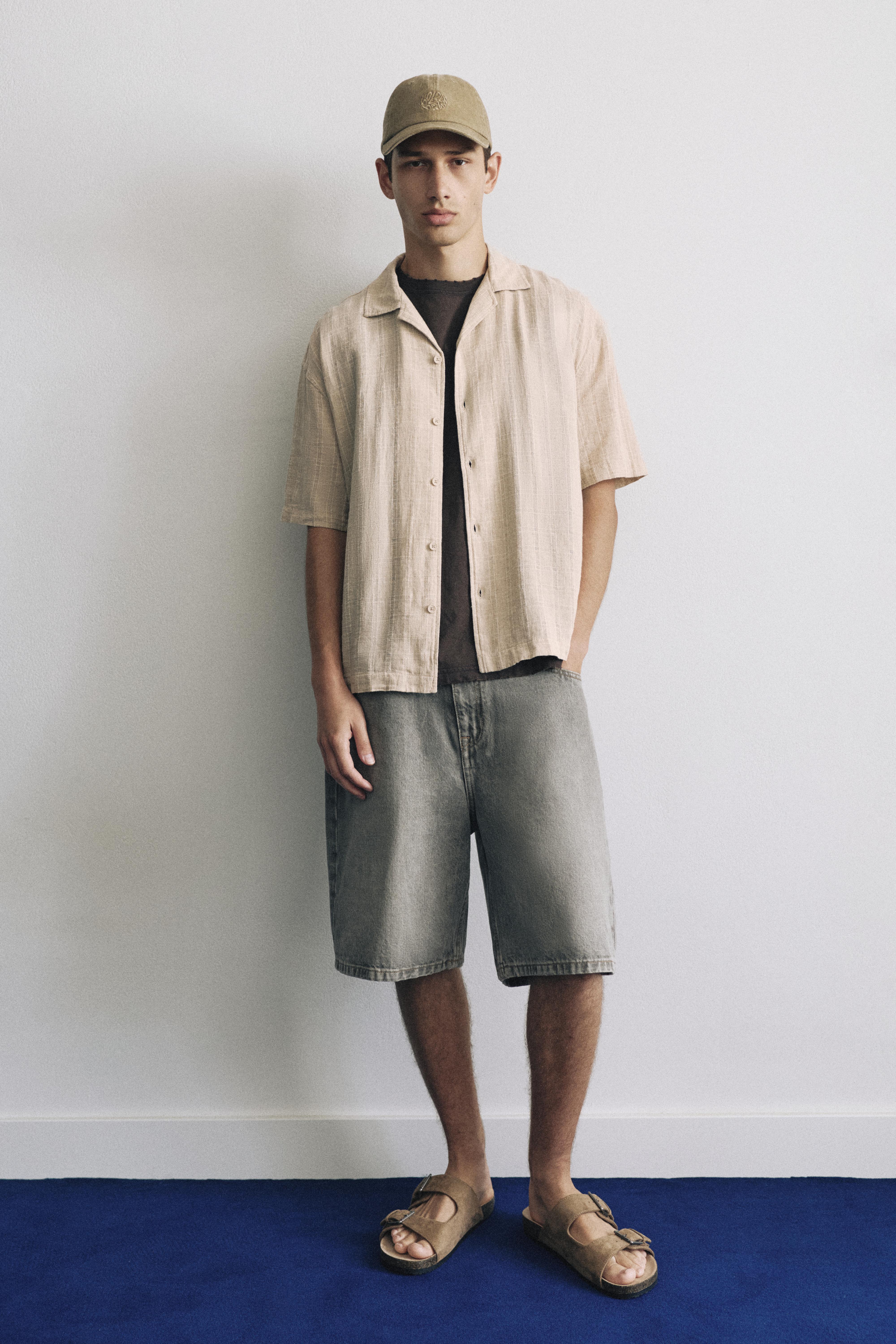Check linen blend shirt — Sand