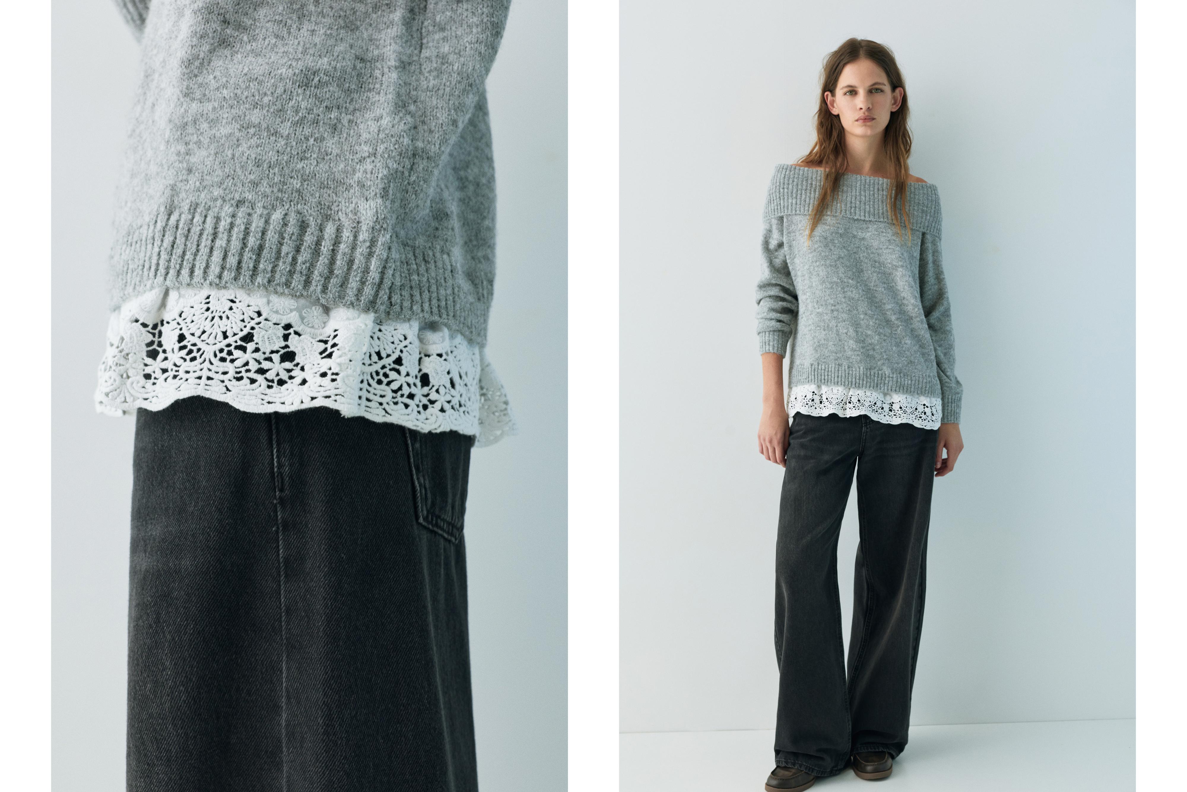 Bardot jumper with combined lace — Grey marl