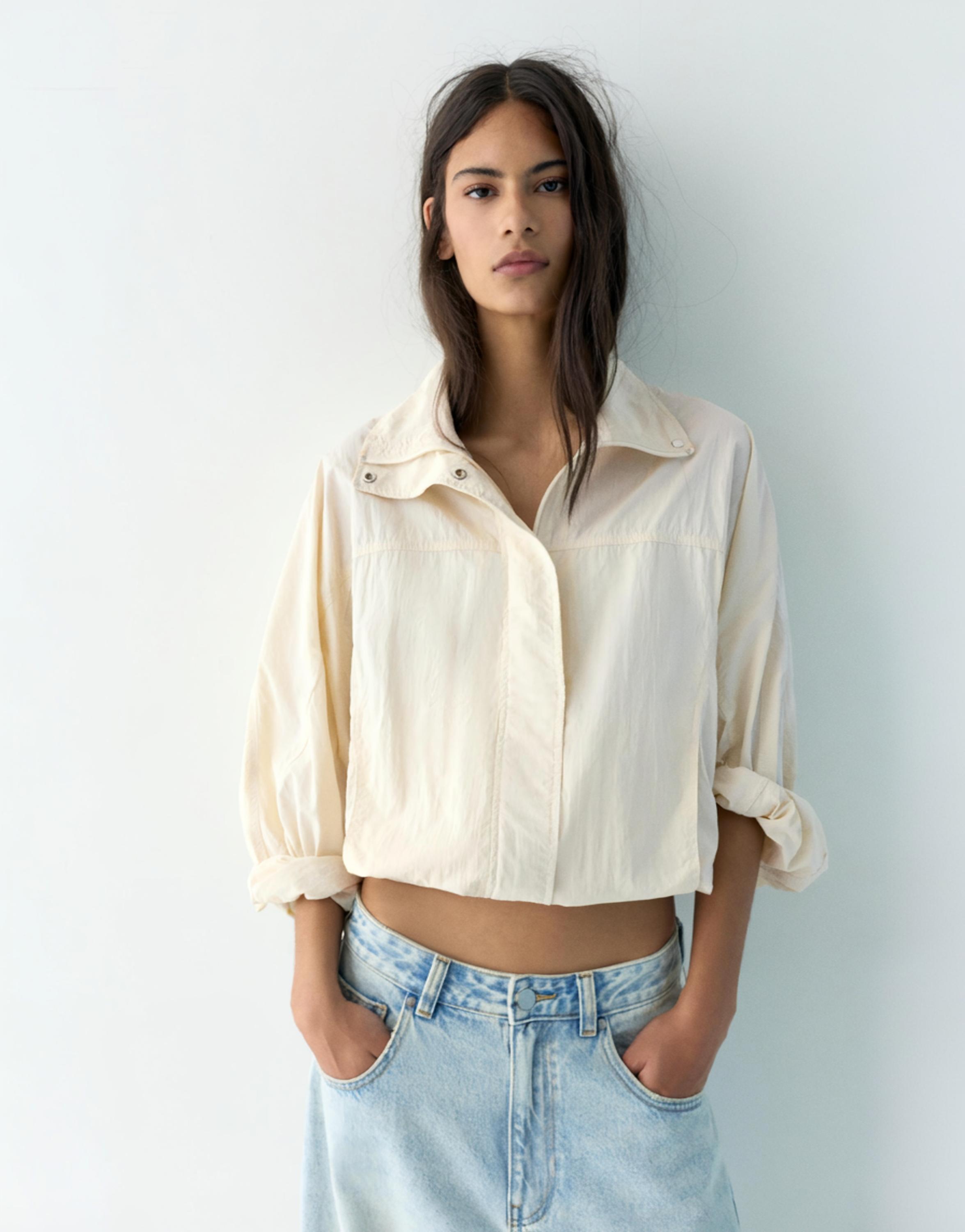 Short nylon-effect jacket — Ecru