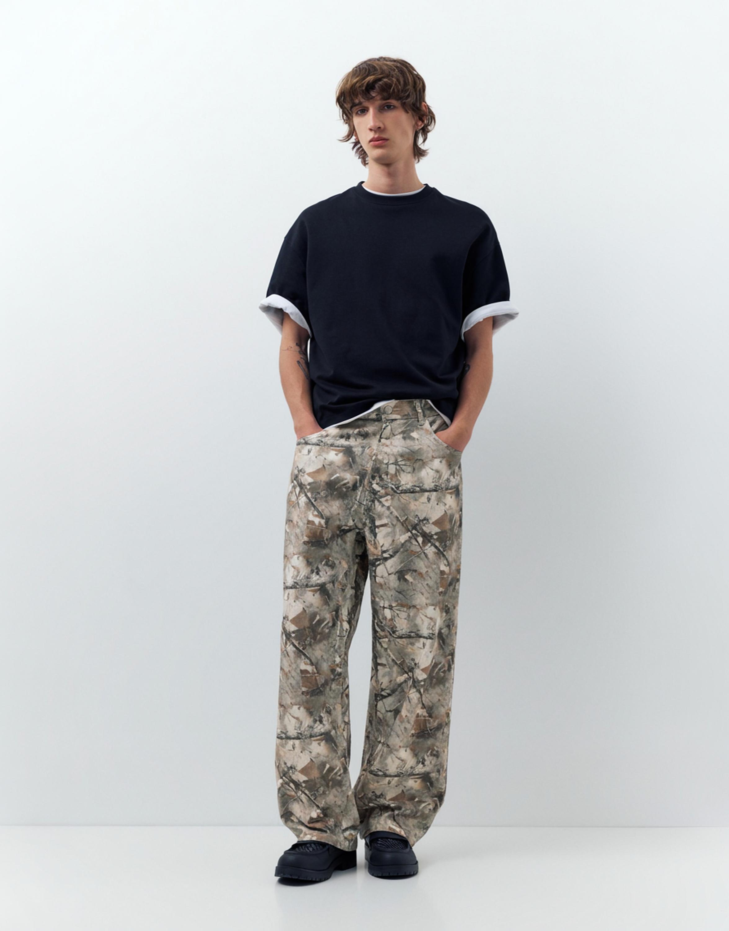 Printed trousers with pockets — Beige/Green