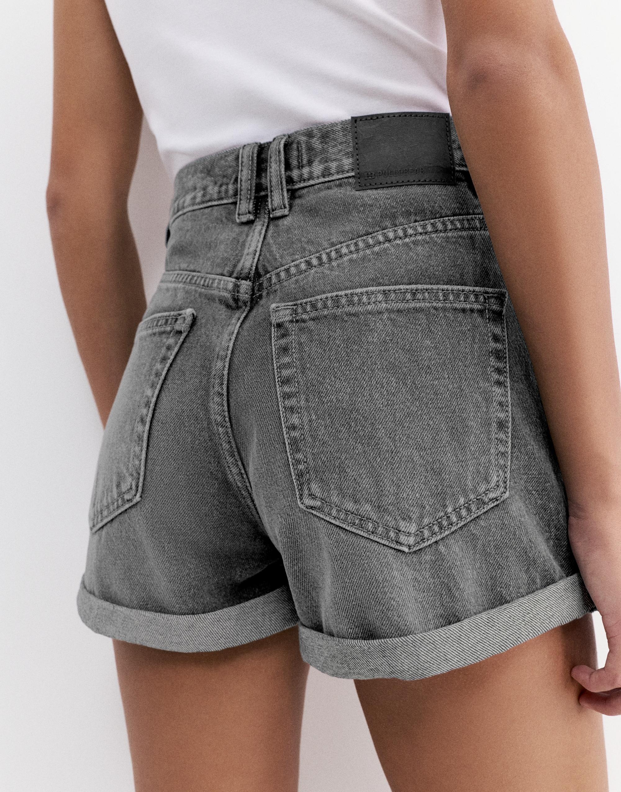 Denim turn-up mom shorts — Grey