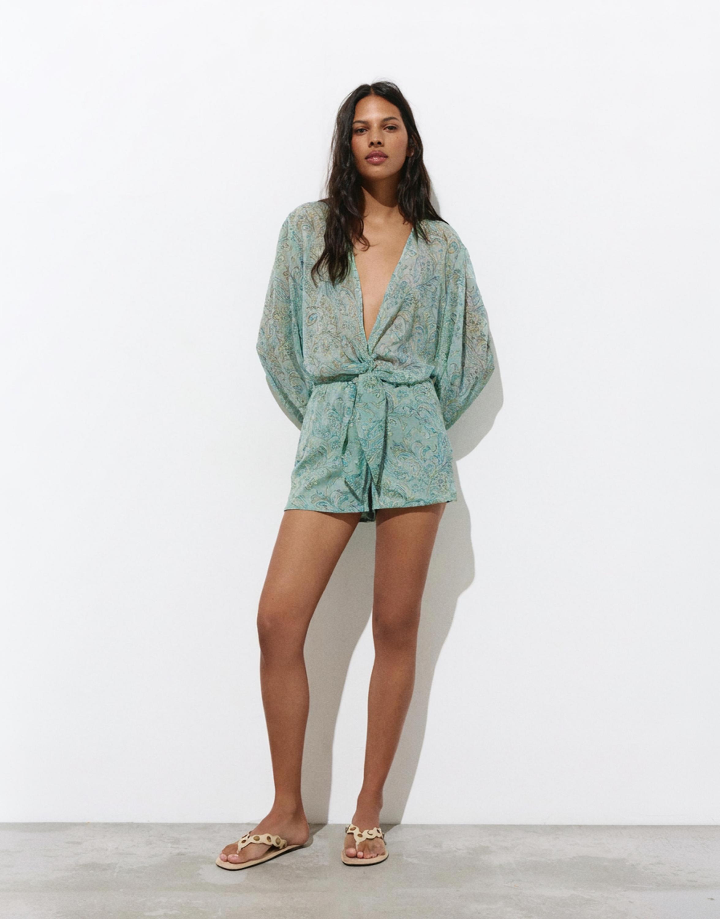 Printed gathered romper — Turquoise