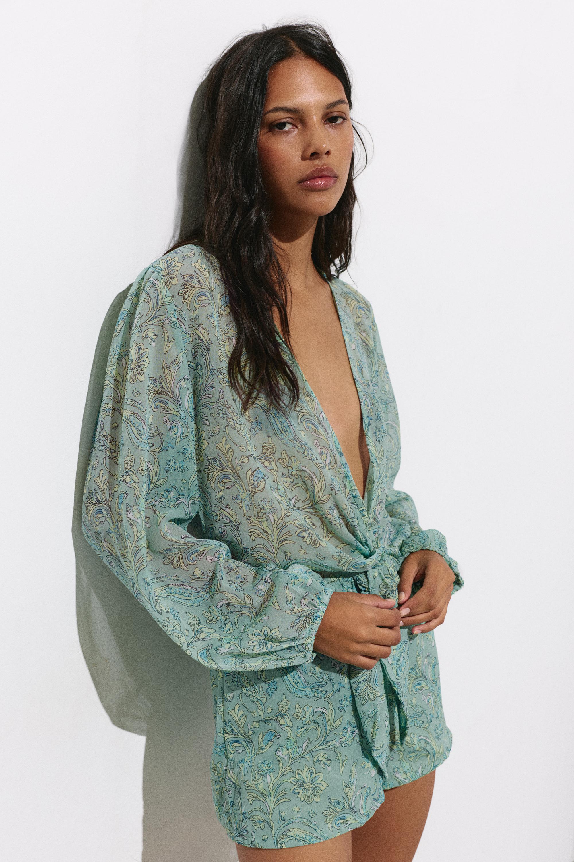 Printed gathered romper — Turquoise