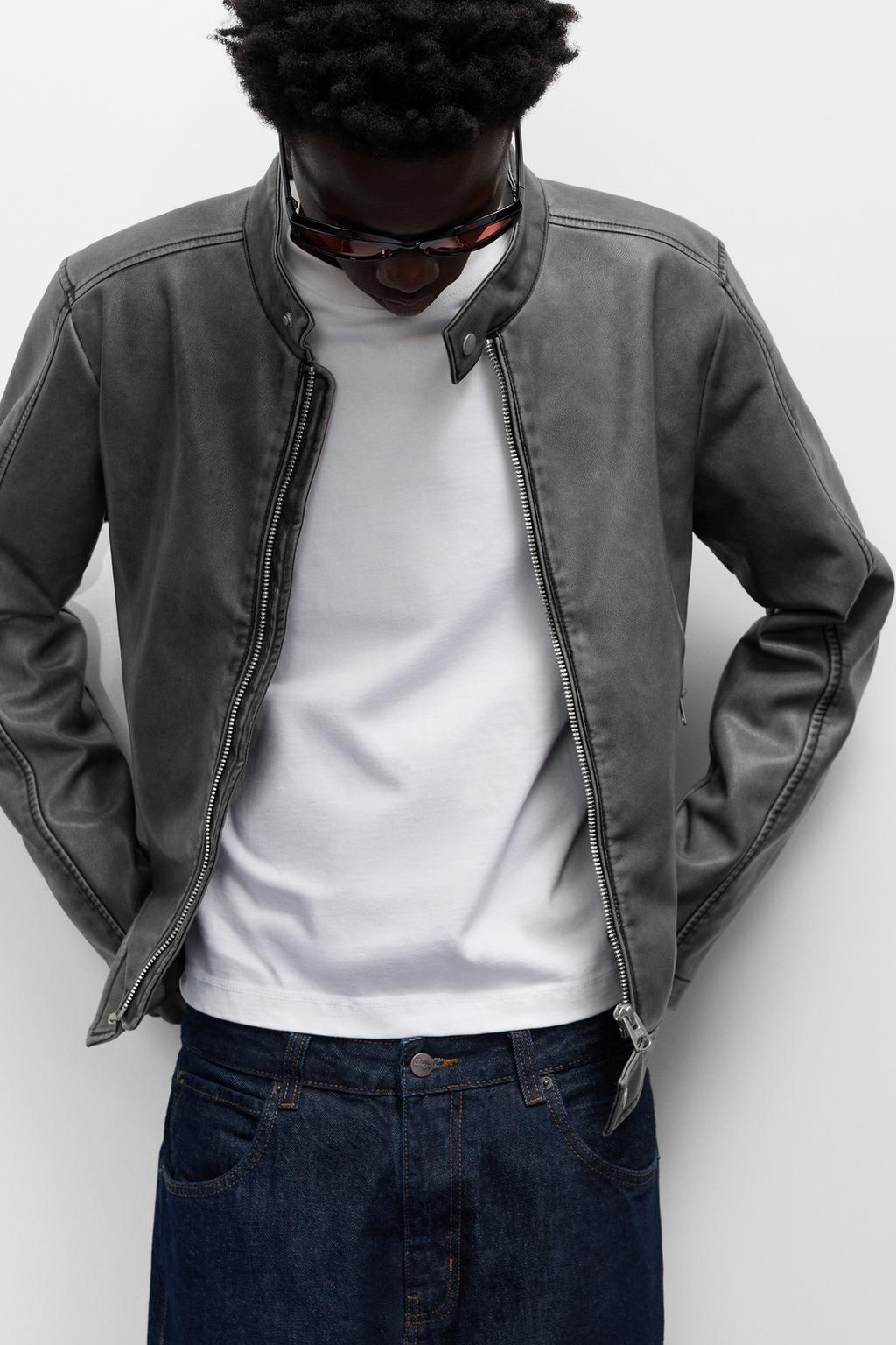 Gray Faux Leather Jacket pull&bear