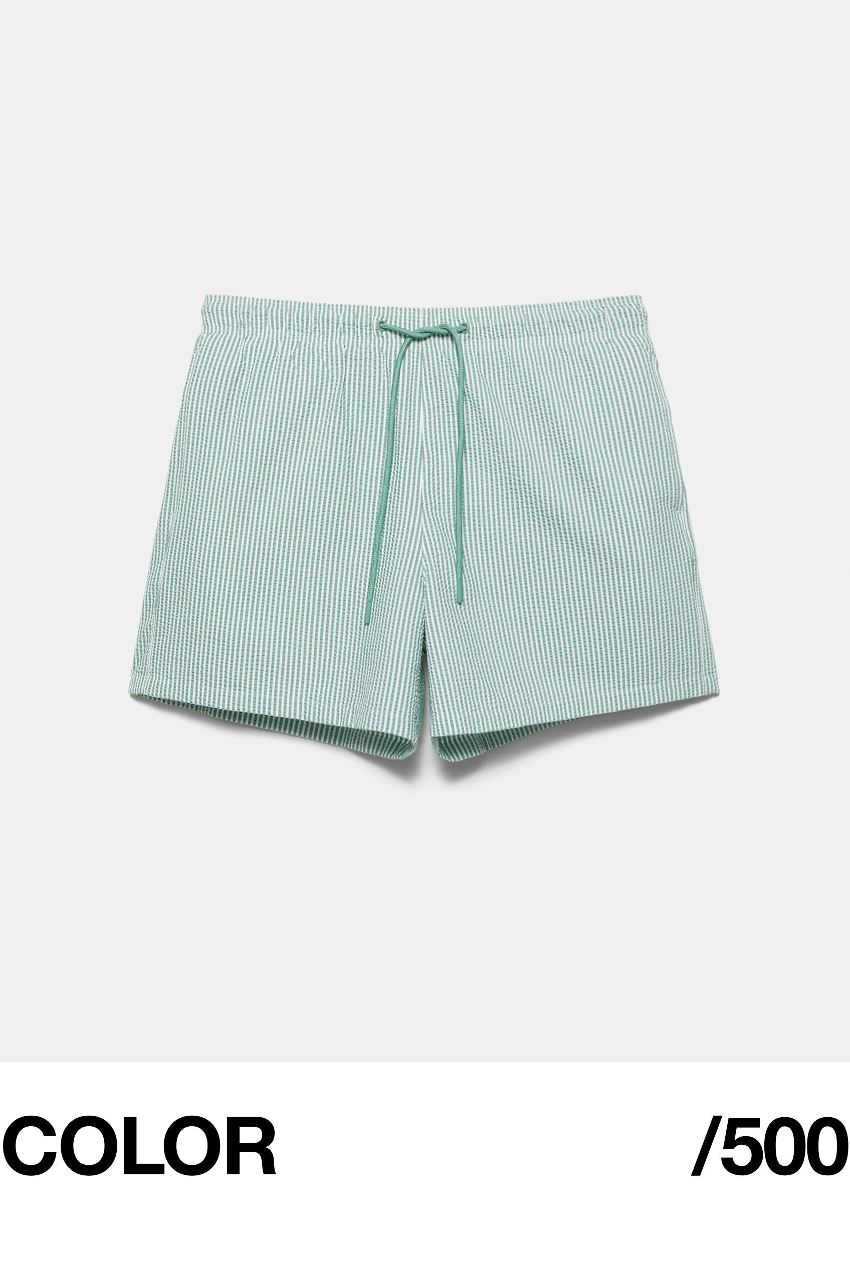 Striped seersucker swimming trunks — Green