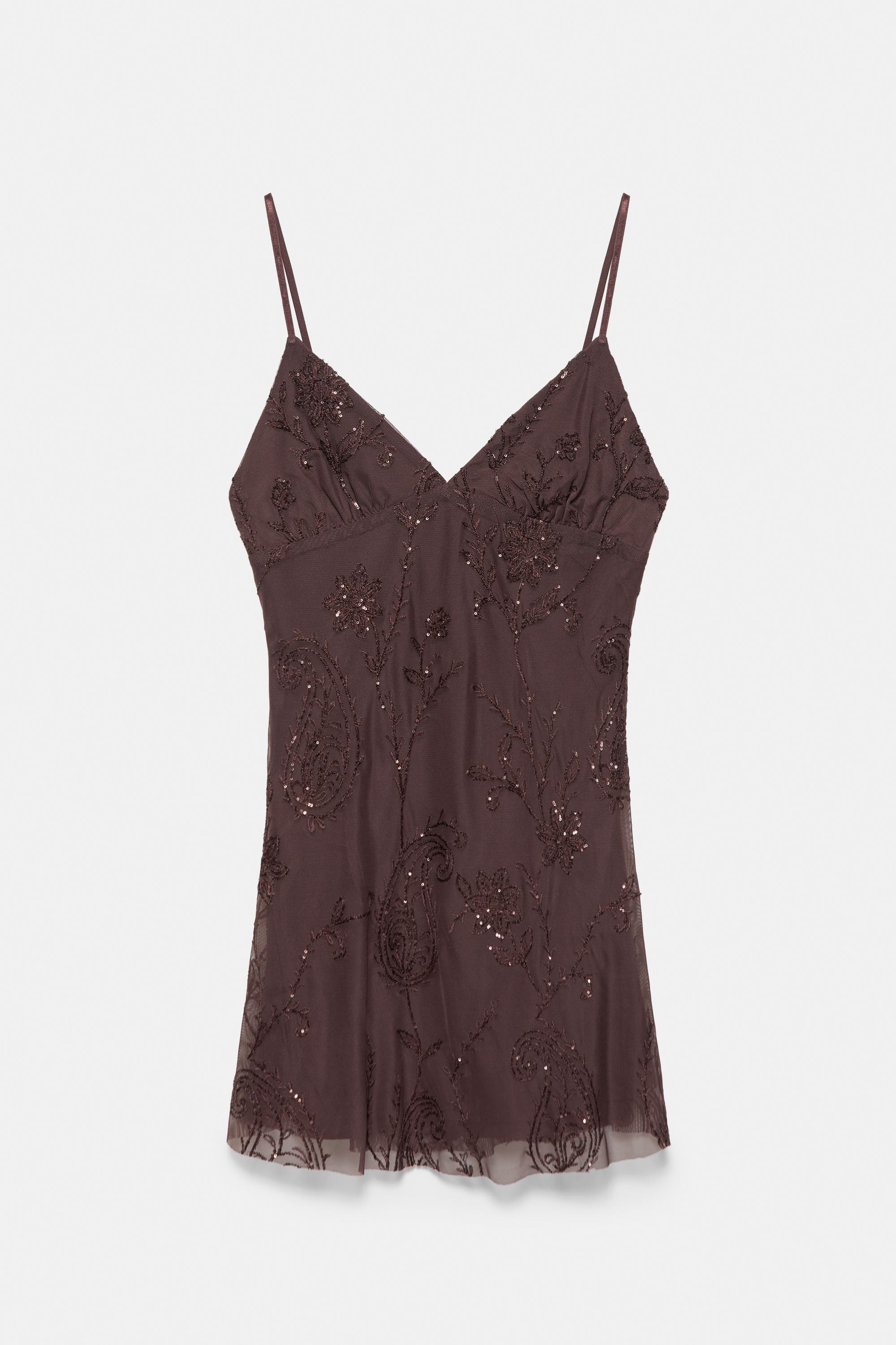 Short sequinned strappy dress — Brown
