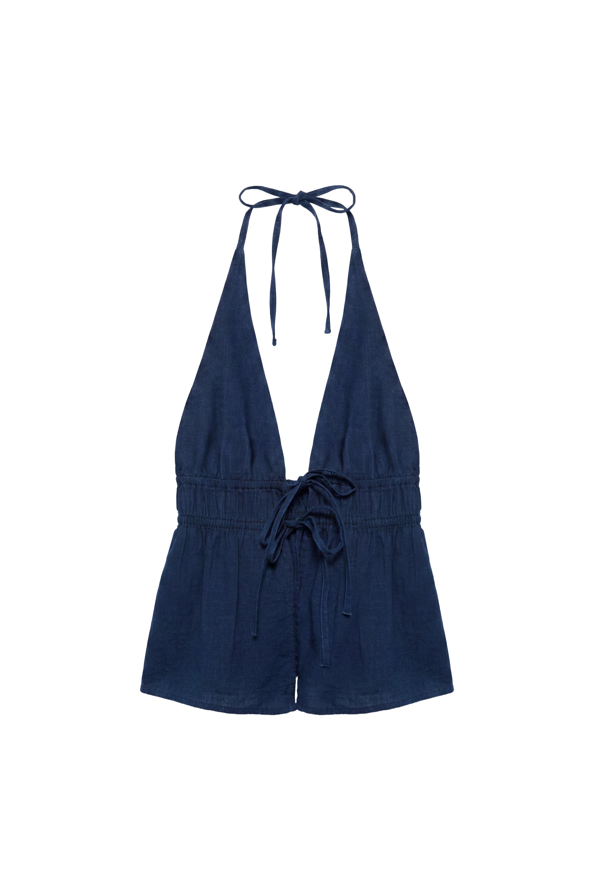 Pull&Bear Lastikli denim halter top görsel 2