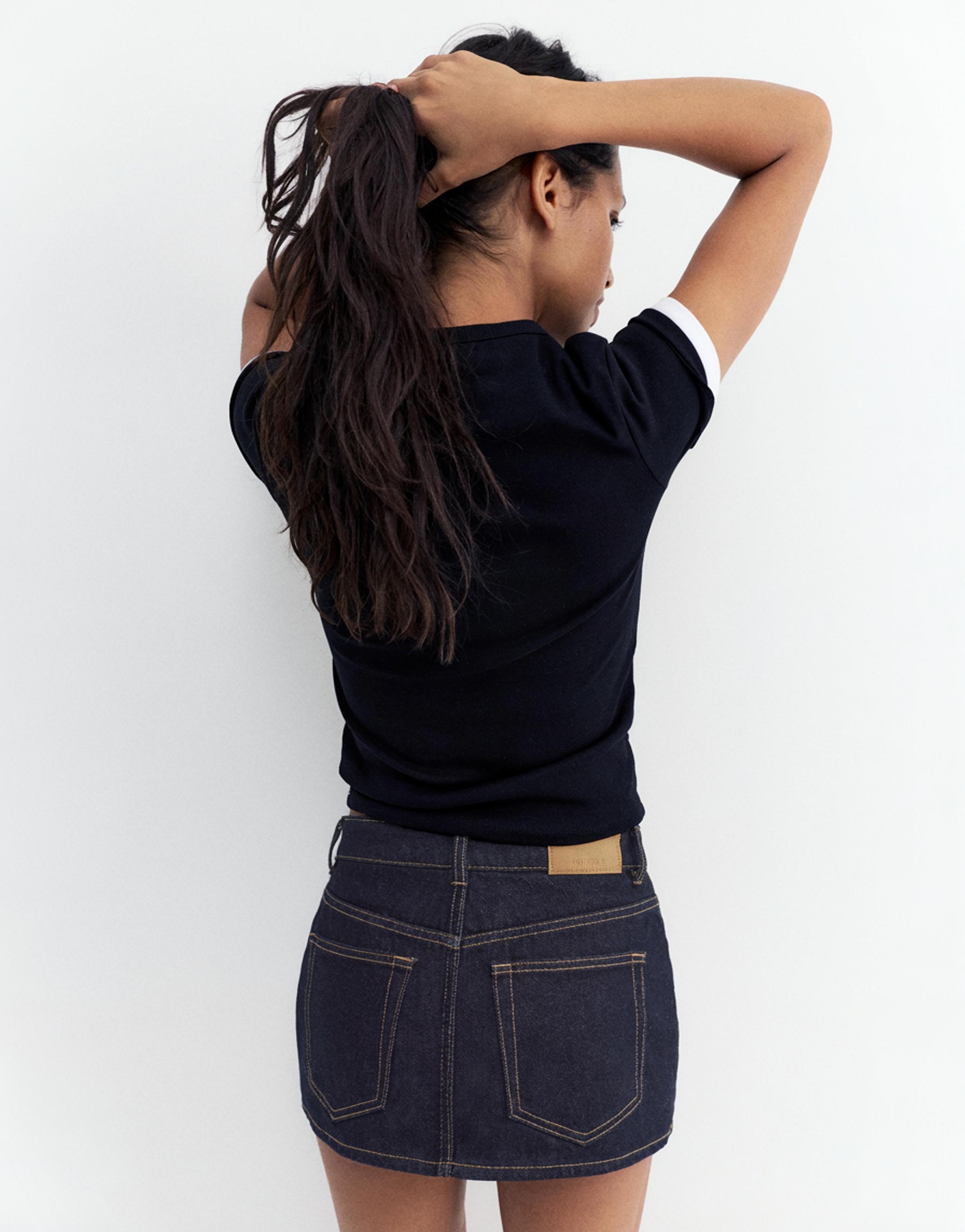Cross-waist denim skort — Navy