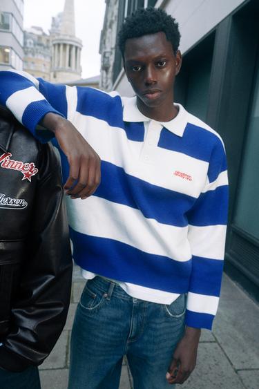 Striped long sleeve knit polo — Blue/White 1