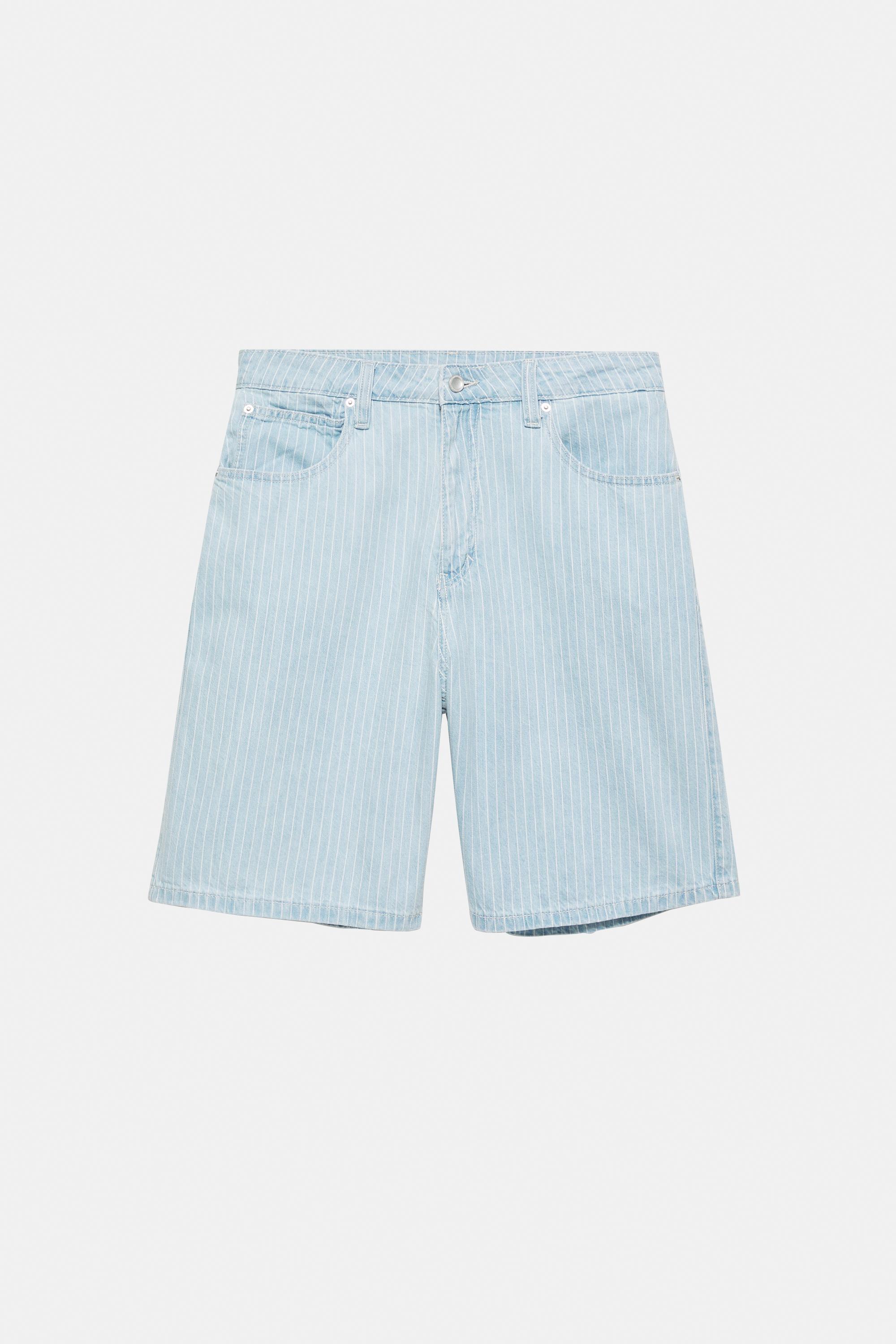 Çizgili relaxed fit denim bermuda - Görsel 4