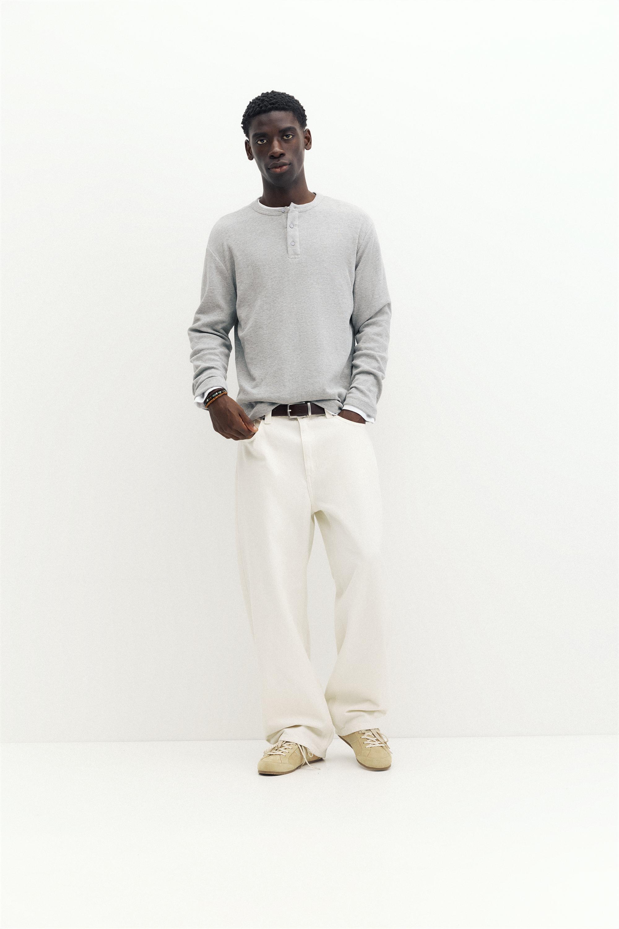 Waffle-knit long sleeve T-shirt — Pale marl