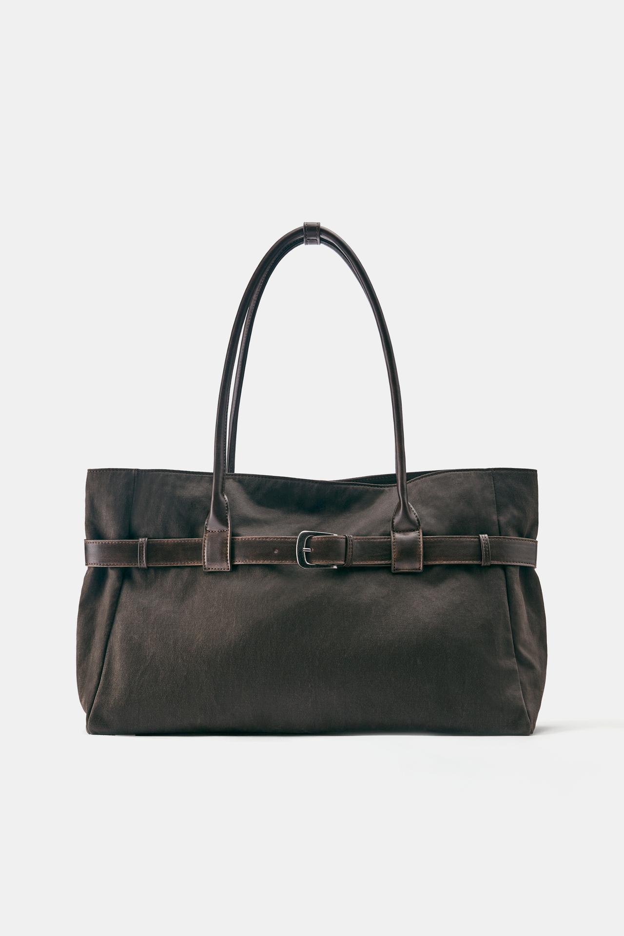 Suede buckle-detail shopper tote — Brown