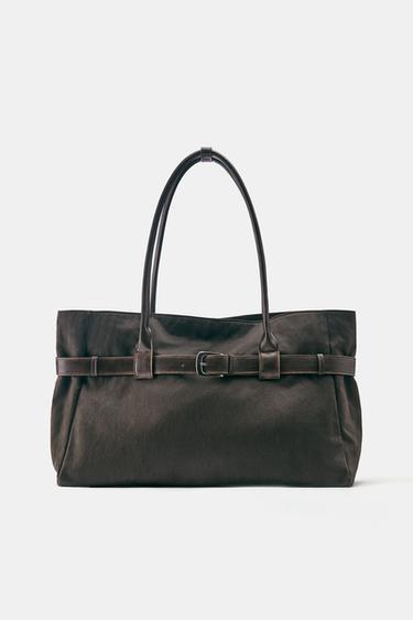 Suede buckle-detail shopper tote — Brown 1
