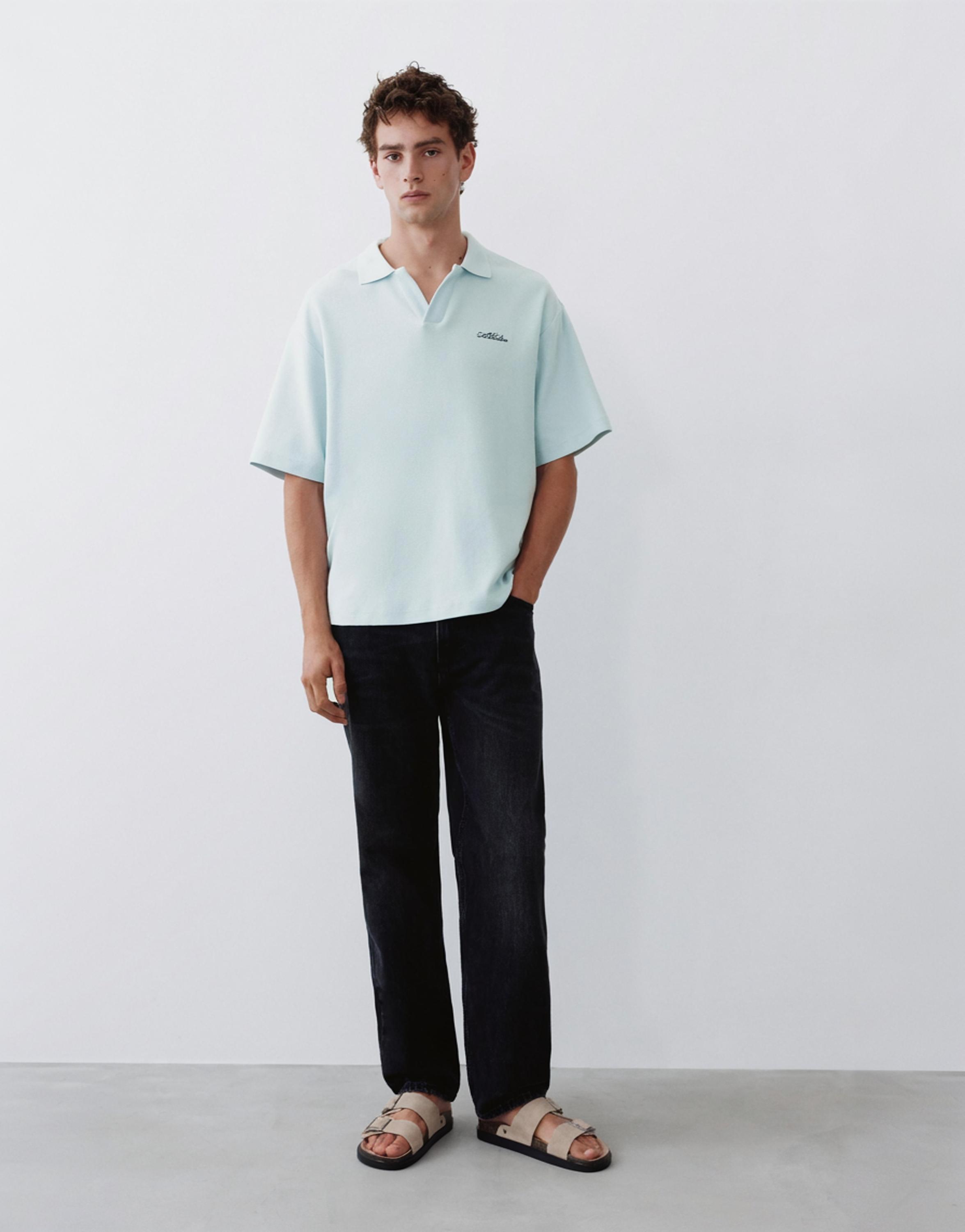 Short sleeve waffle-knit polo shirt — Sky blue