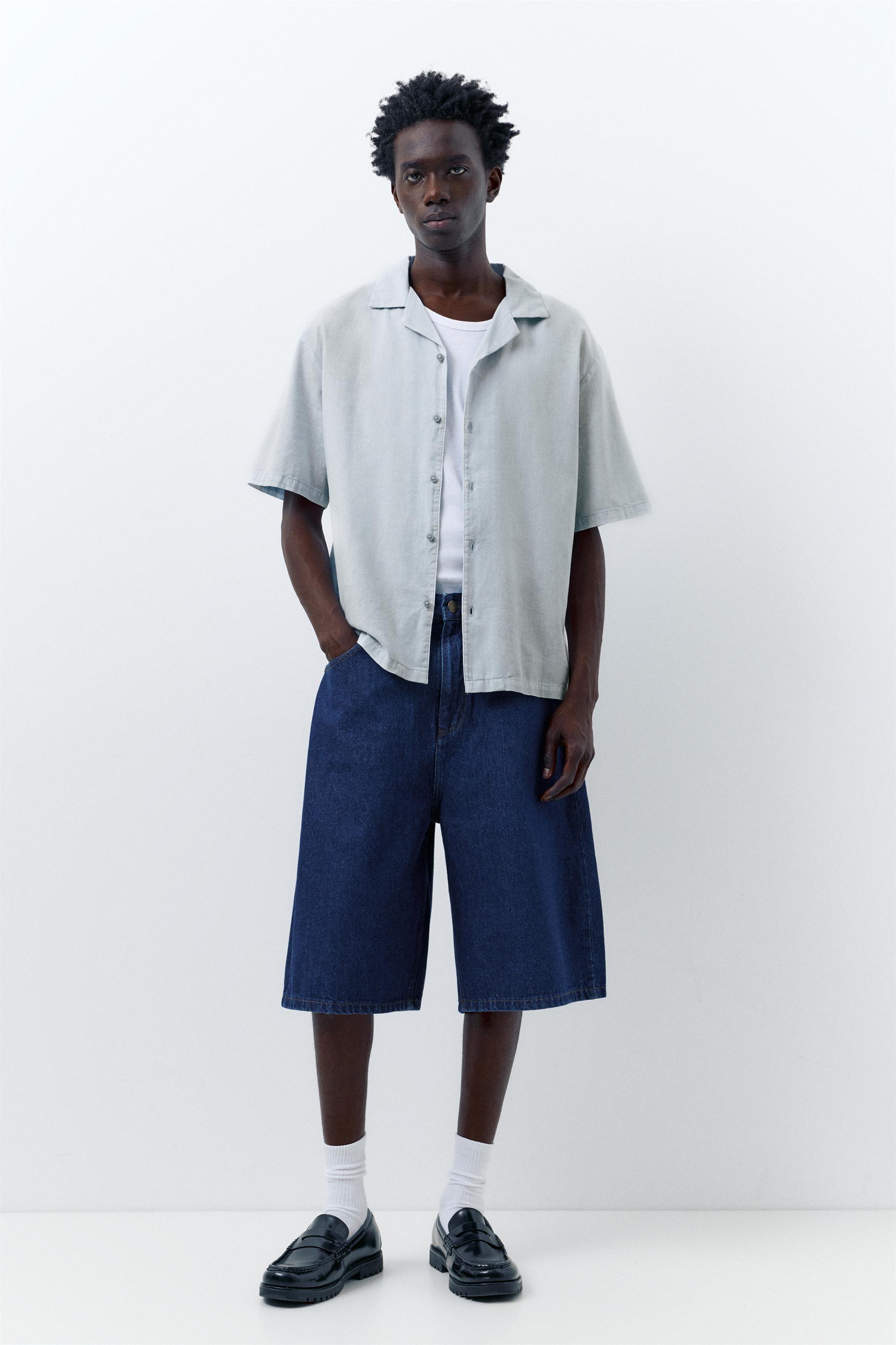 Short sleeve linen blend shirt — Pale blue