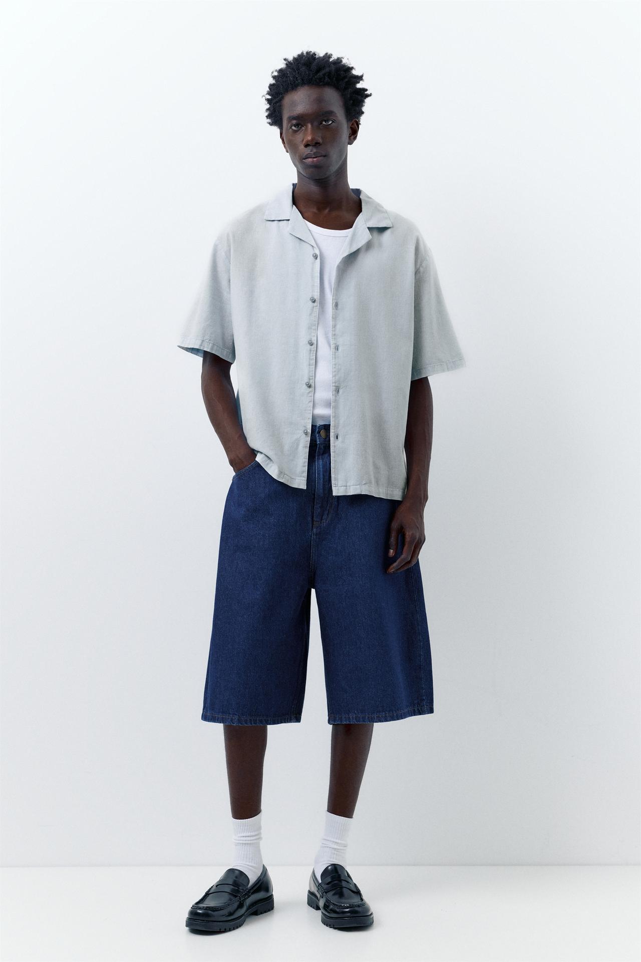 Short sleeve linen blend shirt — Pale blue