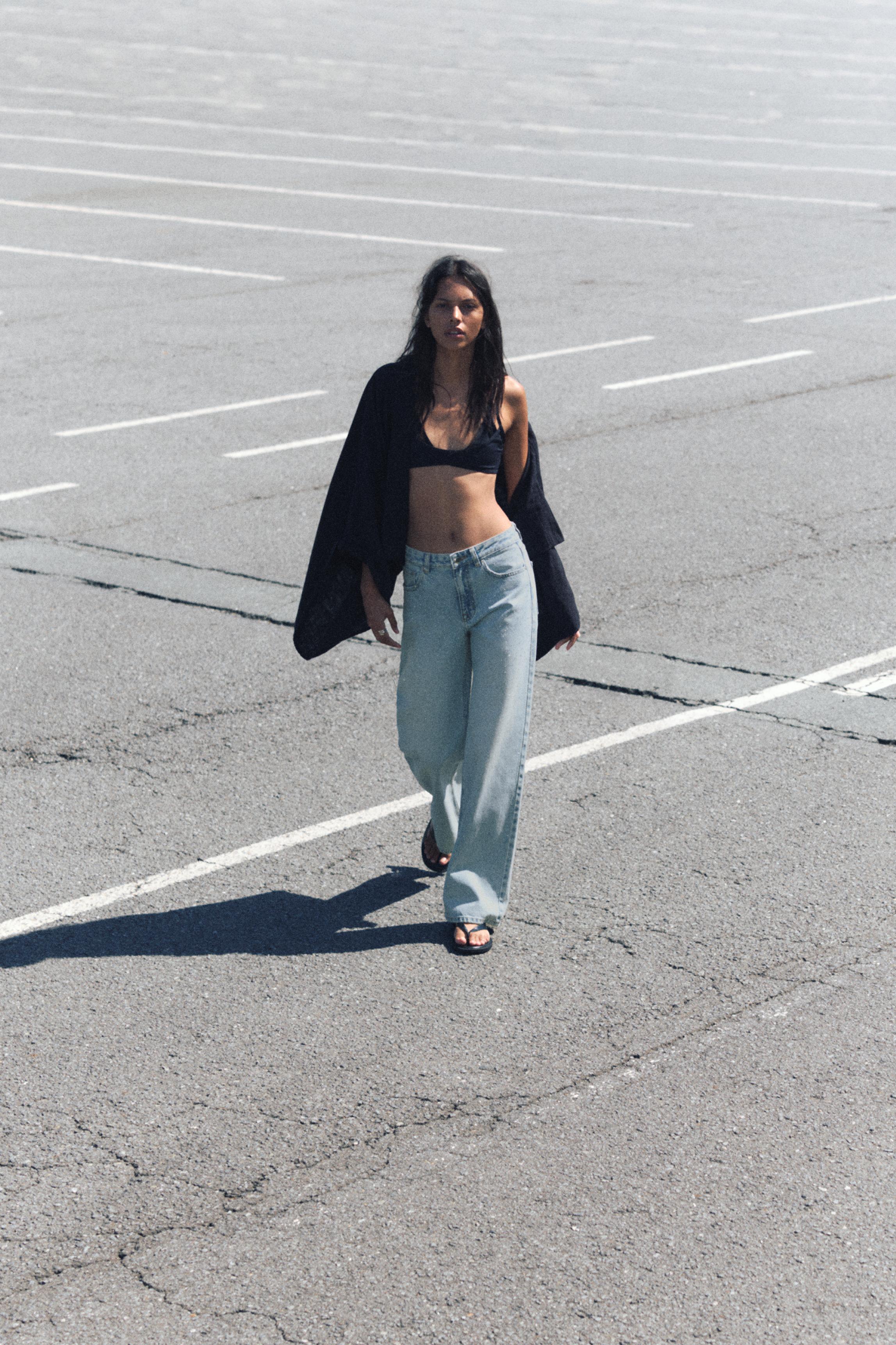 Straight-leg baggy jeans with rhinestones — Pale blue
