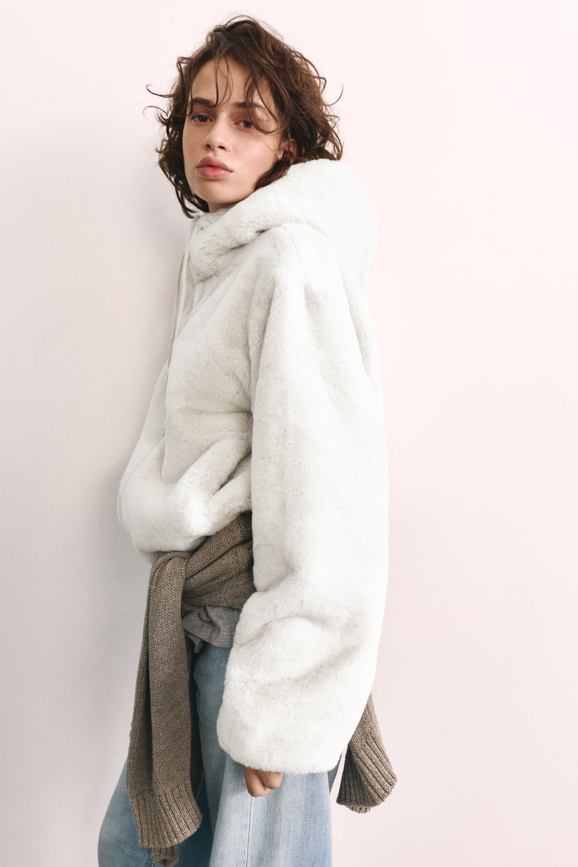 Hooded faux fur jacket — Ecru