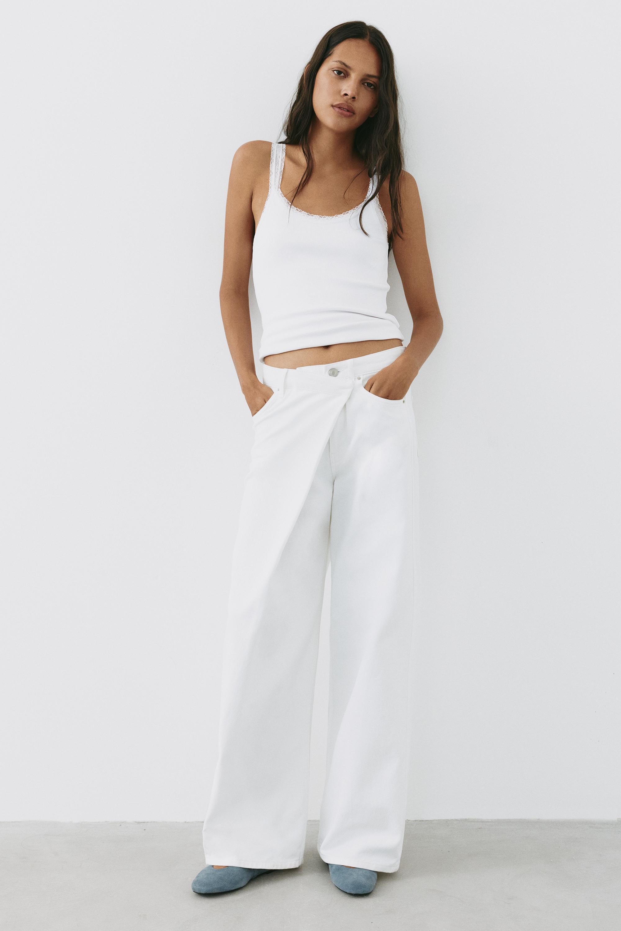 White crossover waist baggy jeans — White